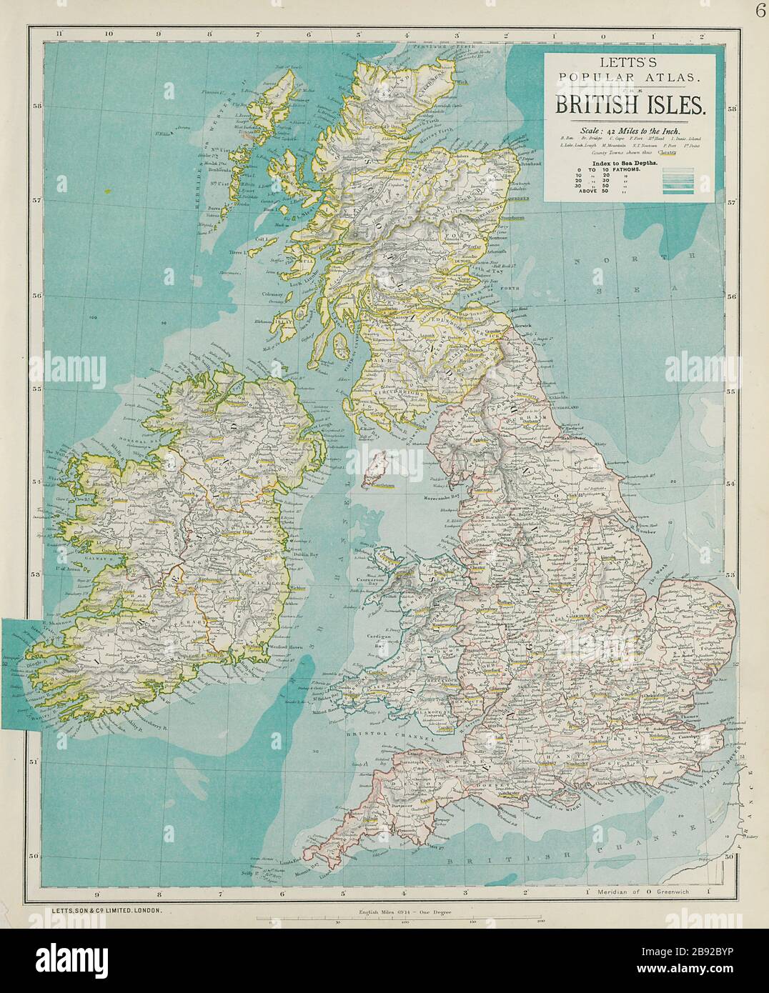 Map Of England Rivers And Towns British Isles. United Kingdom. Ireland. Counties Towns Rivers. Letts 1884  Map Stock Photo - Alamy