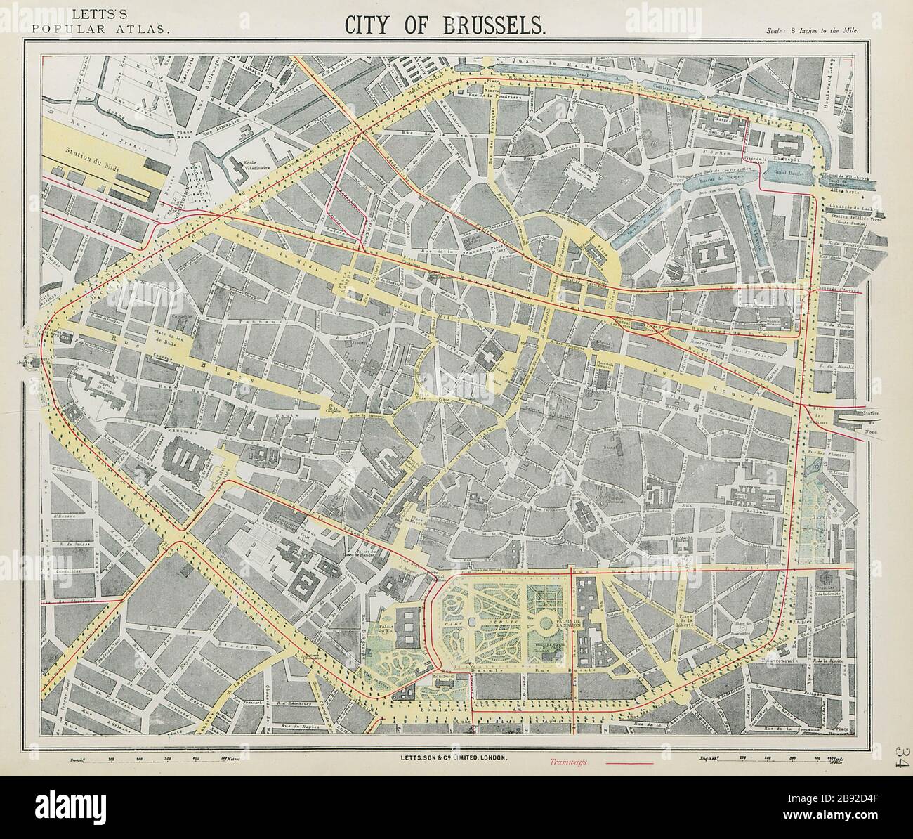 BRUSSELS BRUXELLES BRUSSEL antique town city map plan. Tramways. LETTS ...