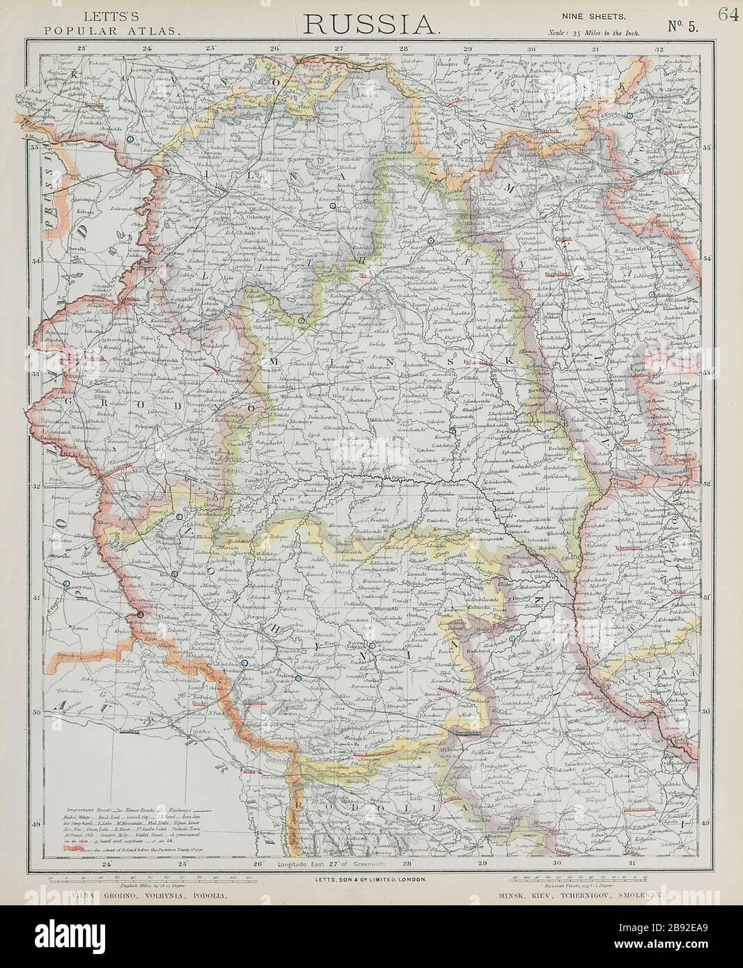 EAST EUROPE Vilnius Belarus Lithuania Grodno Podolia Minsk Kiev LETTS 1884 map Stock Photo