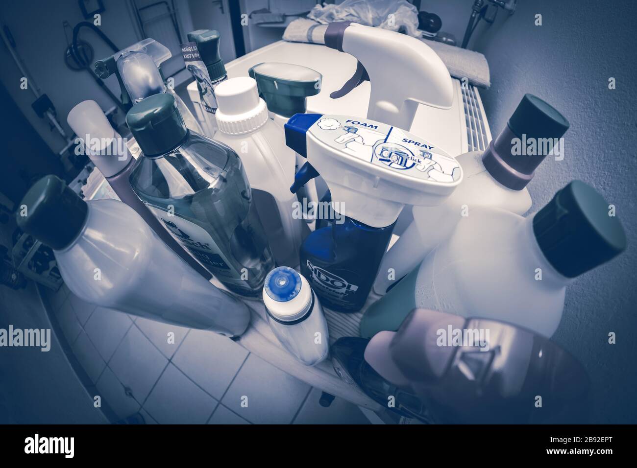 Cleaning agent on a shelve, Reinigungsmittel auf einem Regal Stock Photo