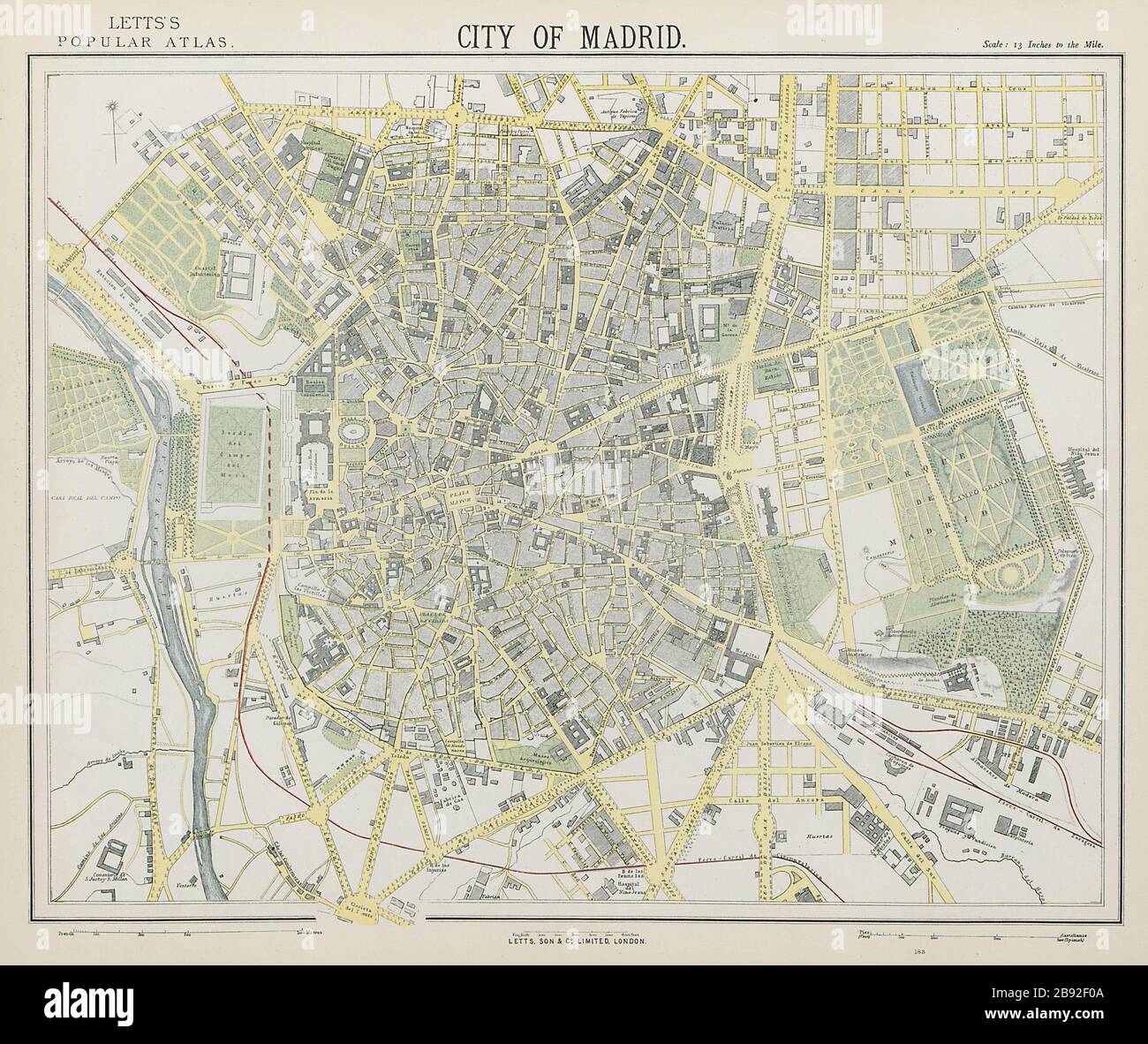 MADRID antique town city map plan. Railways. LETTS 1884 old chart Stock Photo - Alamy