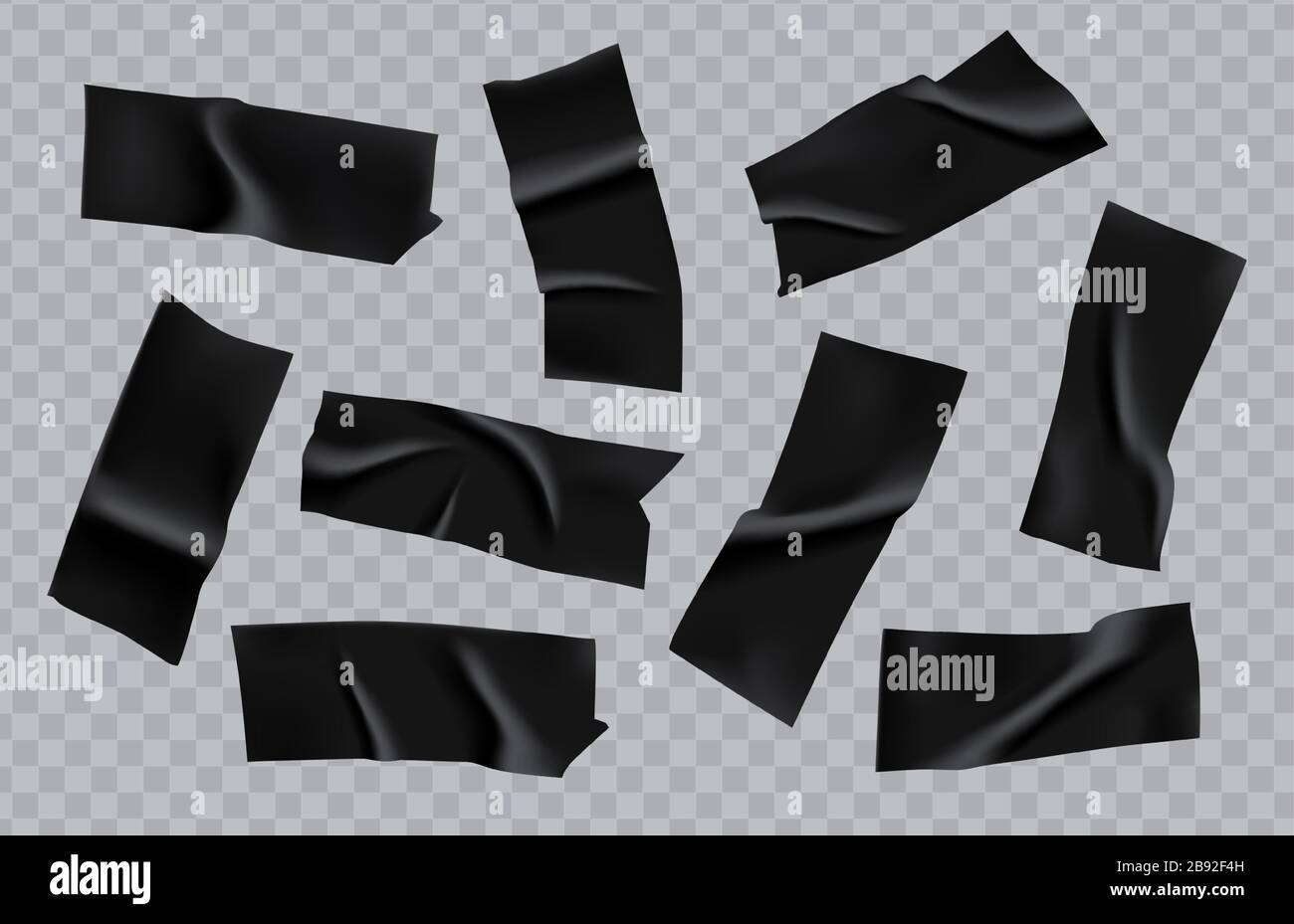 Adhesive duct tape pieces set. Realistic black insulating tape