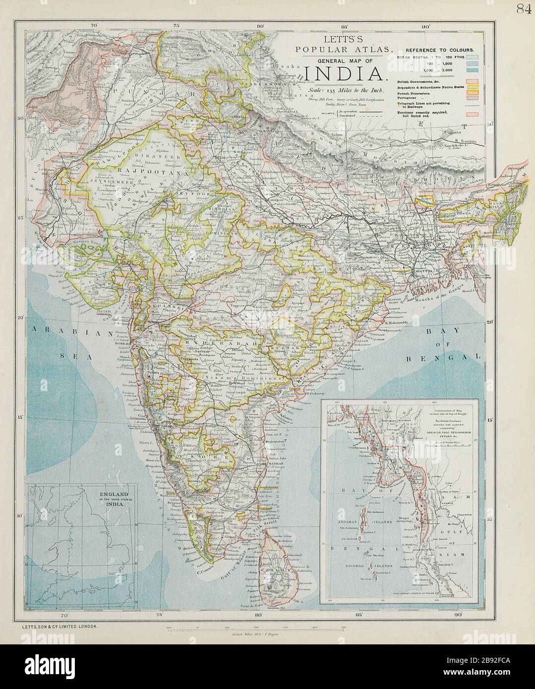 BRITISH INDIA French Portuguese Native states Railways telegraphs LETTS 1884 map Stock Photo
