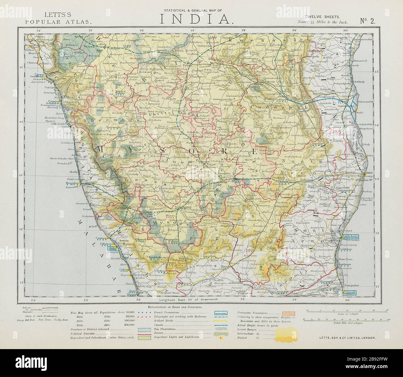 BRITISH INDIA SOUTH. Mysore Carnatic Madras. Tea plantations. LETTS 1884 map Stock Photo