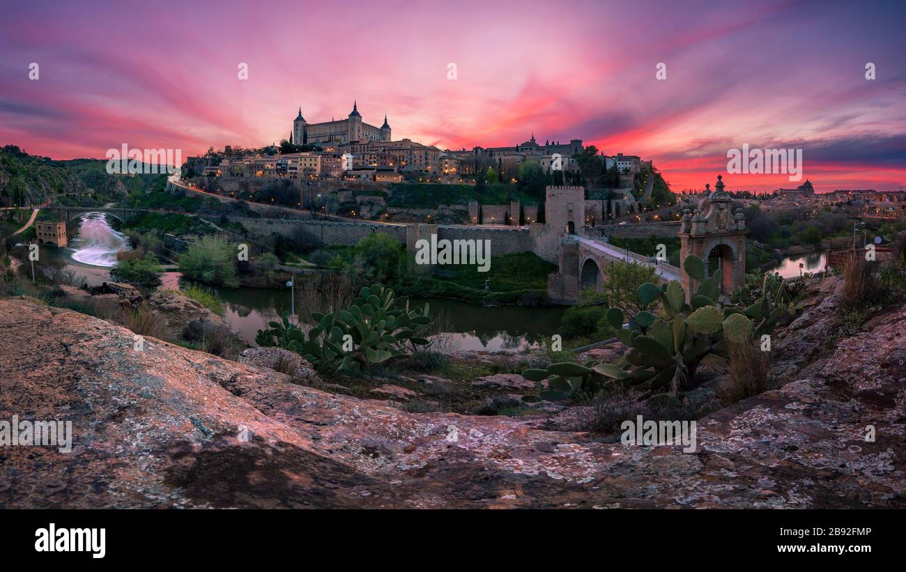 Beautiful panoramic view of Toledo at sunset. Travel concept. Stock Photo