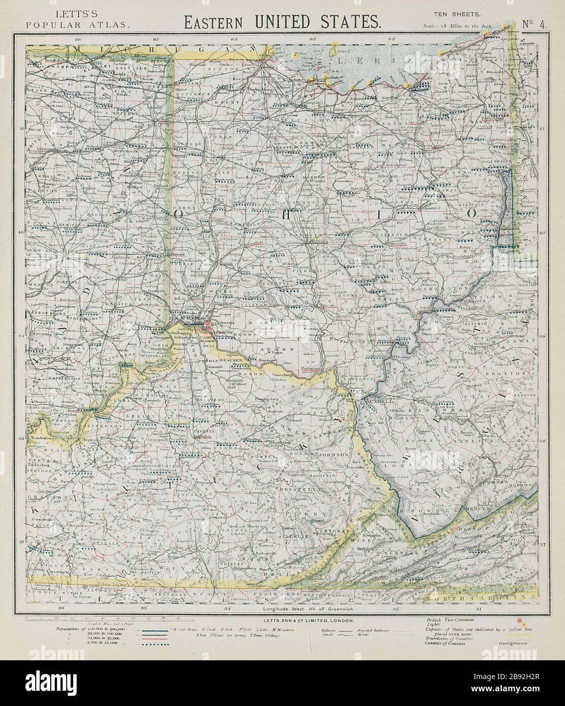 APPALACHIA. Ohio & parts of Kentucky Virginia Indiana. Railroads. LETTS 1884 map Stock Photo