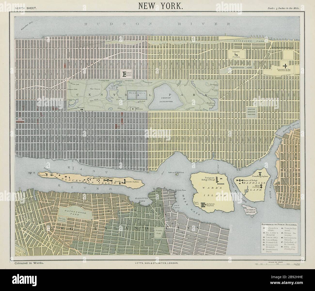 NEW YORK CITY town map plan. Lower/midtown Manhattan Brooklyn. LETTS 1884 Stock Photo
