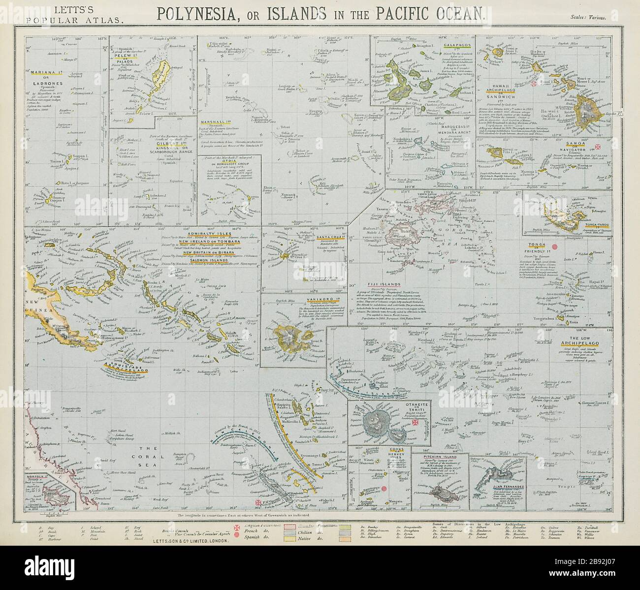 PACIFIC ISLANDS Polynesia Hawaii Samoa Fiji Tahiti Galapagos. LETTS 1884 map Stock Photo