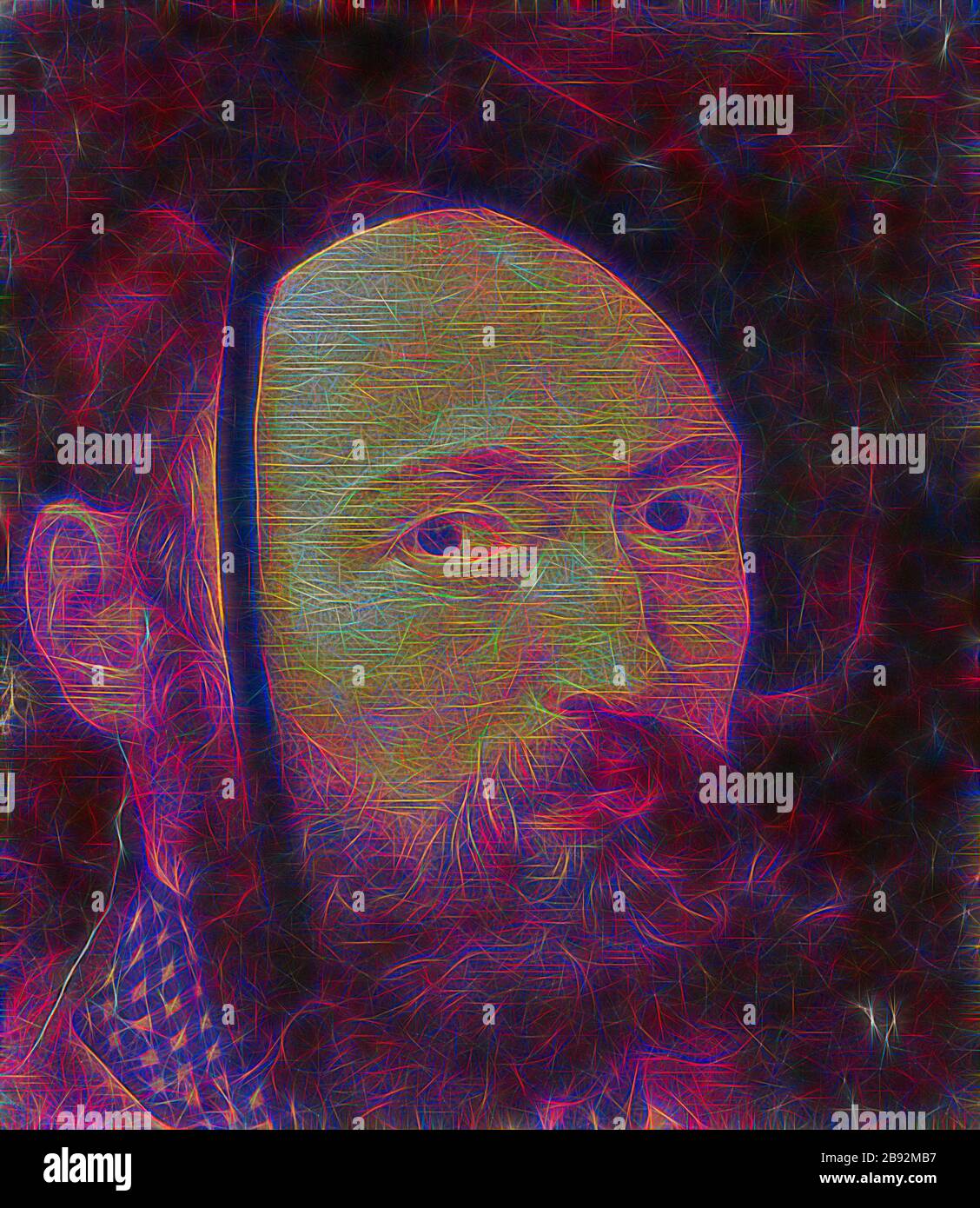 Head of a bearded man with beret, oil on paper, mounted on panel, 19.5 x 17.5 cm, unsigned, Schweizerischer Meister, 16. Jh., Reimagined by Gibon, design of warm cheerful glowing of brightness and light rays radiance. Classic art reinvented with a modern twist. Photography inspired by futurism, embracing dynamic energy of modern technology, movement, speed and revolutionize culture. Stock Photo