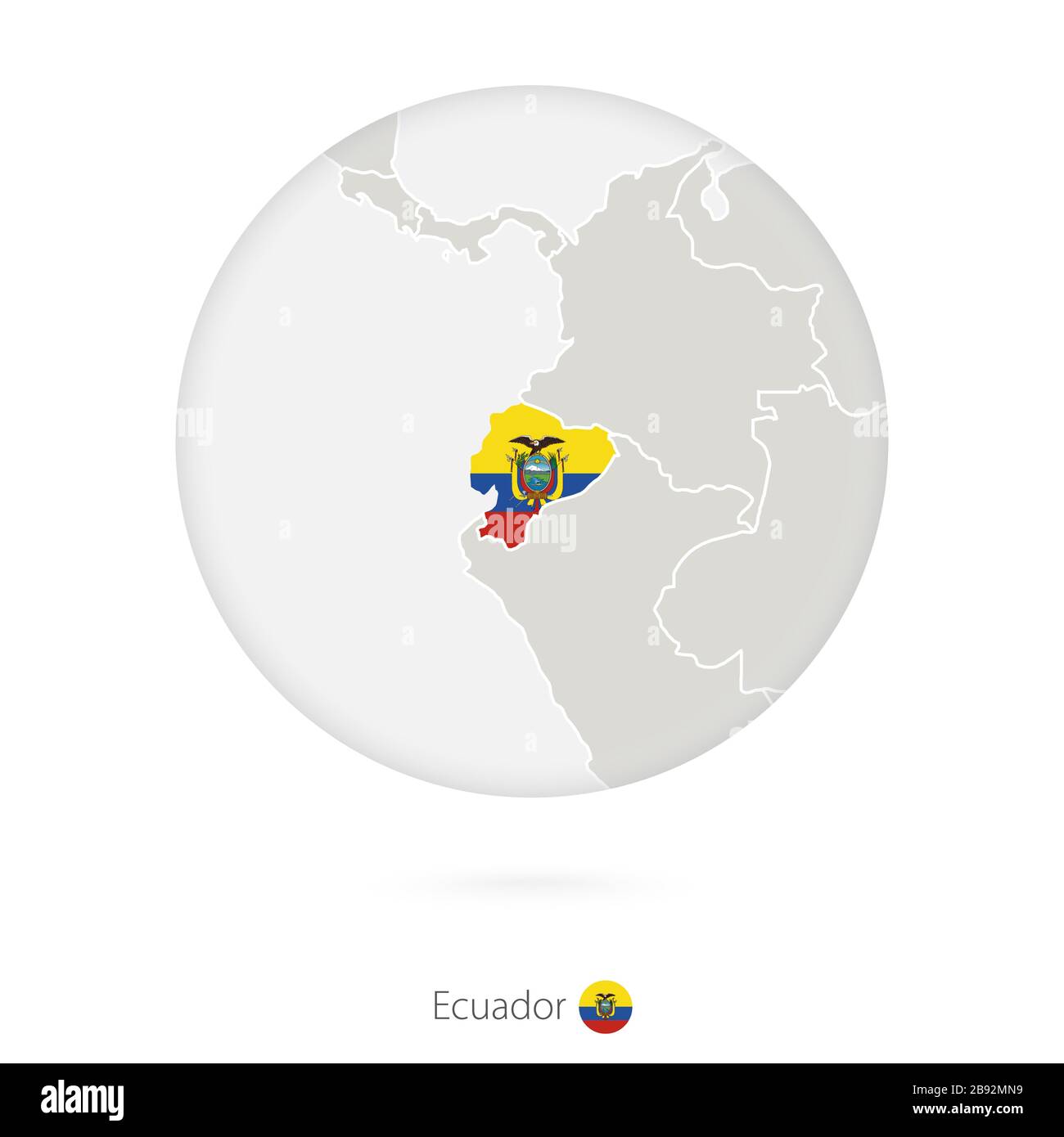 Map of Ecuador and national flag in a circle. Ecuador map contour with flag. Vector Illustration. Stock Vector