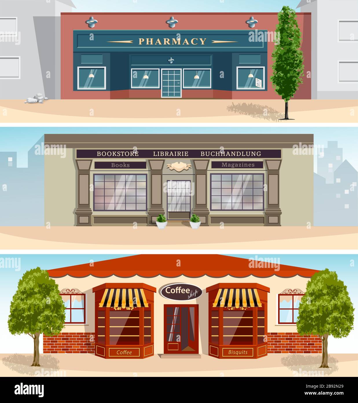 Collection of three detailed stores with outdoor elements Stock Vector