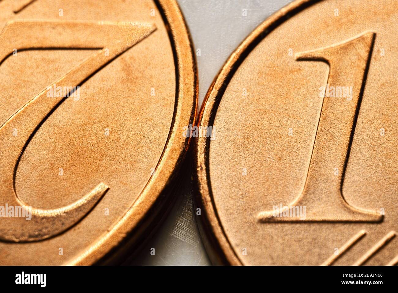 Close-up of cent coins, symbolic photo for the planned abolition of 1-and 2-cent coins, Nahaufnahme von Centmünzen, Symbolfoto für die geplante Abscha Stock Photo