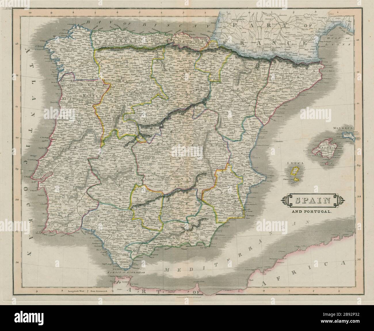 Spain & Portugal Old Historic Antique vintage colour map 1800s Tallis Reprint 