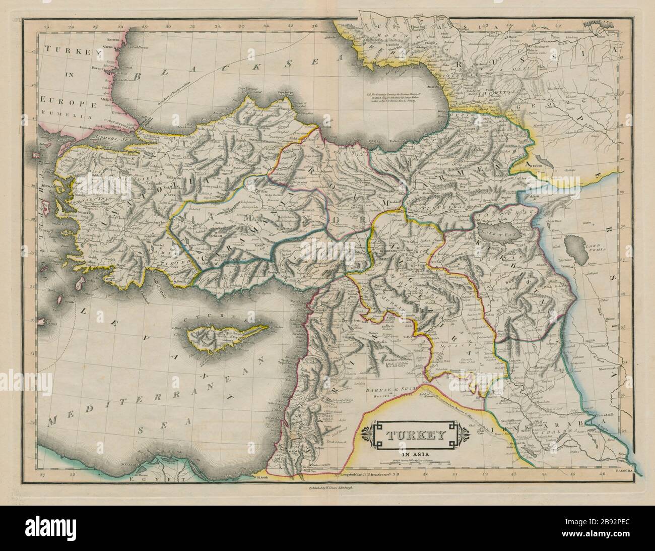 Turkey in Asia. Levant Cyprus Armenia Algezira. Kurdistan marked LIZARS 1842 map Stock Photo