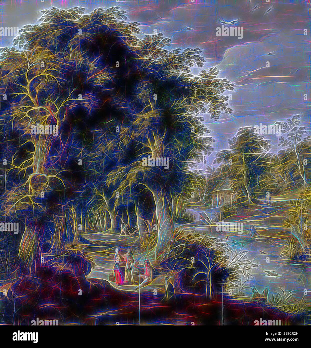 River landscape with oak forest, oil on oak wood, 102 x 97.5 cm, Monogrammed on the barrel of the group: .AF., [, Ligated, ], Alexander Keirincx, Antwerpen 1600–1652 Amsterdam, Ambrosius II. Francken, Antwerpen um 1590–1632 Antwerpen, Reimagined by Gibon, design of warm cheerful glowing of brightness and light rays radiance. Classic art reinvented with a modern twist. Photography inspired by futurism, embracing dynamic energy of modern technology, movement, speed and revolutionize culture. Stock Photo