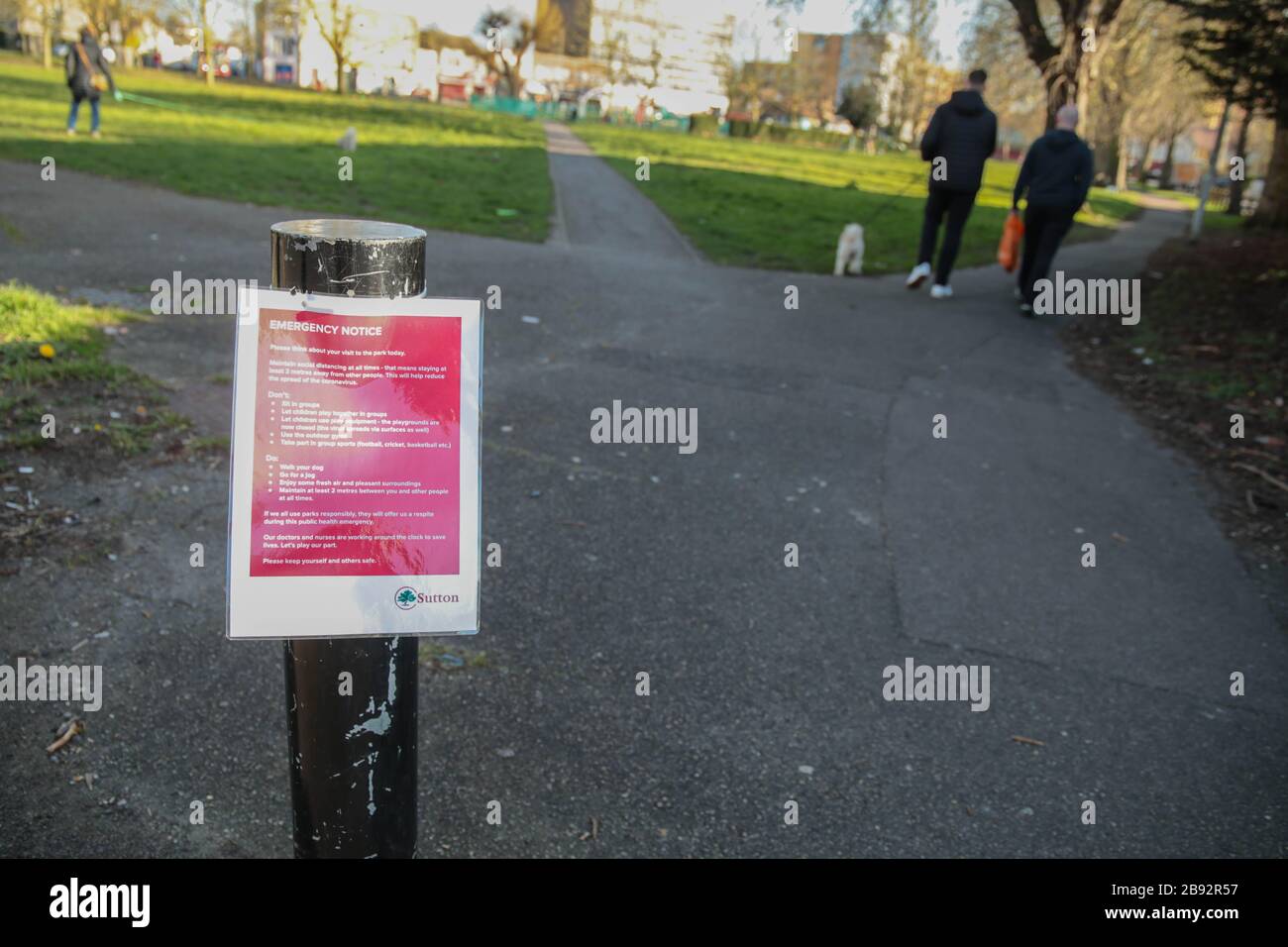 London UK Monday 23 March 2020 As social distancing is not as well observed as the British government would like to ,Sutton Council took the unprecendented step to advice residents and all those who use the parks, to  abide by this rules.Paul Quezada-Neiman/Alamy Live News. Stock Photo