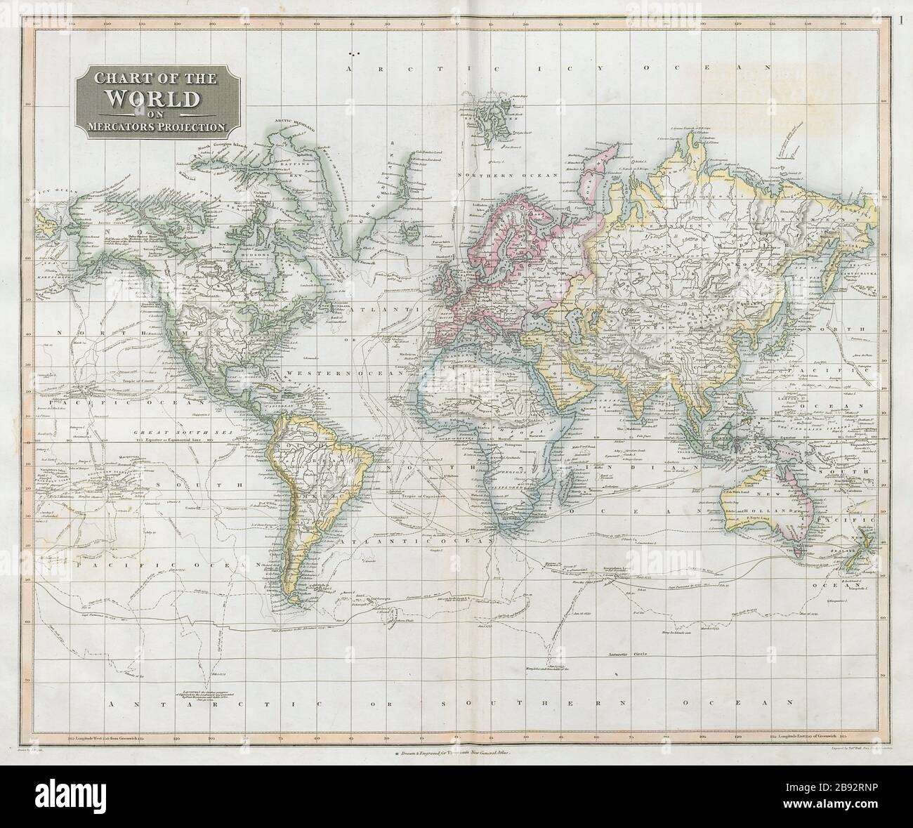 Chart of the World on Mercator's Projection. Explorers' routes. THOMSON 1830 map Stock Photo - Alamy