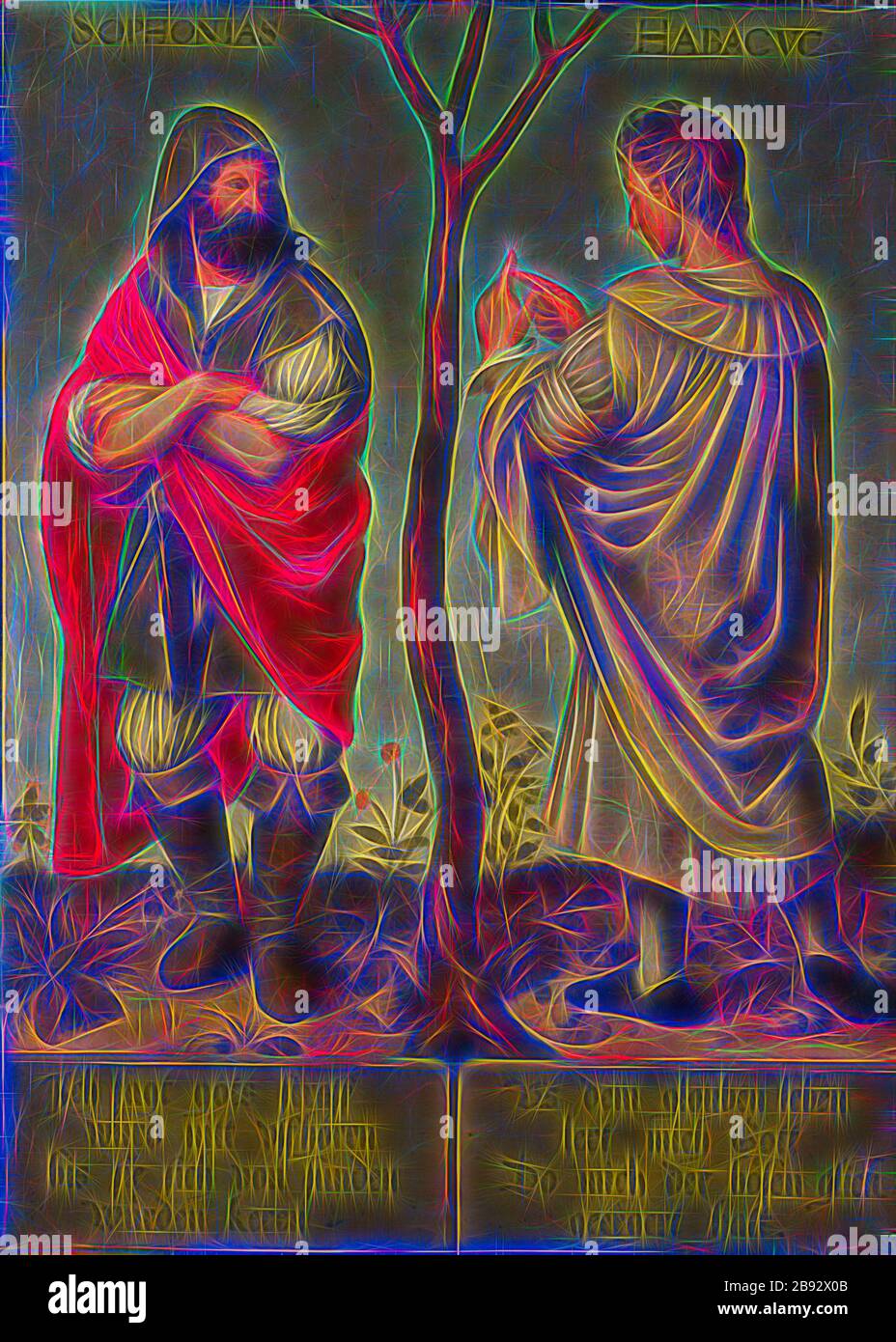 The prophets Zephaniah and Habakkuk, oil on canvas, 104 x 76 cm, unmarked., About the figures: SOPHONIAS and HABACVC, Bottom left: I say gots taut or did not uffho until they know about sund, wu [e]., Bottom right: Us the globen live, teaches me God, Do me the boozy glick, has erergiert., Bartholomäus Sarburgh, Trier um 1590 – nach 1637 Niederlande, Hans Holbein d. J., (Kopie nach / copy after), Augsburg um 1497/98–1543 London, Reimagined by Gibon, design of warm cheerful glowing of brightness and light rays radiance. Classic art reinvented with a modern twist. Photography inspired by futurism Stock Photo