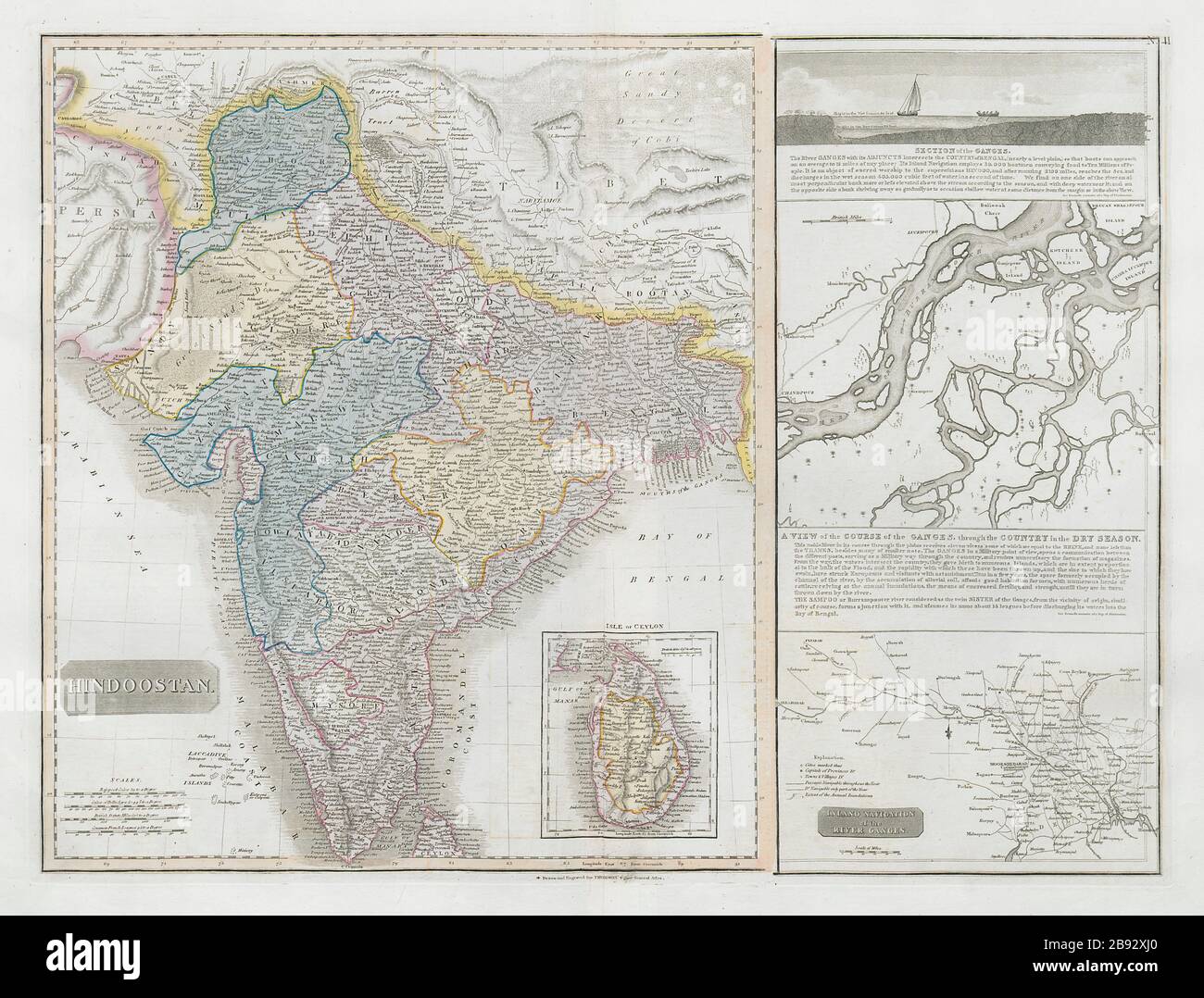 'Hindoostan'. British India Ceylon Sri Lanka. Ganges navigation THOMSON 1830 map Stock Photo