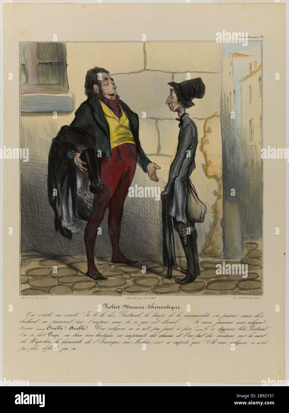 ROBERT MACAIRE schismatic Honoré Daumier (1808-1879). 'Robert Macaire schismatique'. Lithographie coloriée et gommée. 1836-1838. Paris, Maison de Balzac. Stock Photo