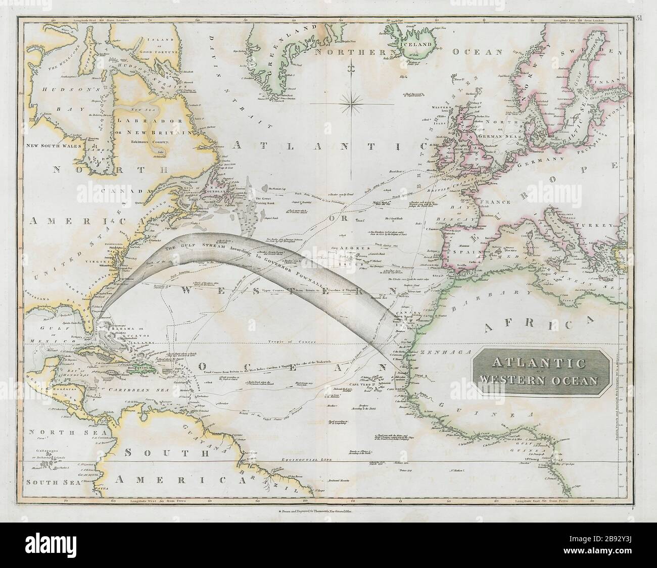 Atlantic or Western Ocean. Gulf Stream, Nelson's & trade routes THOMSON 1830 map Stock Photo