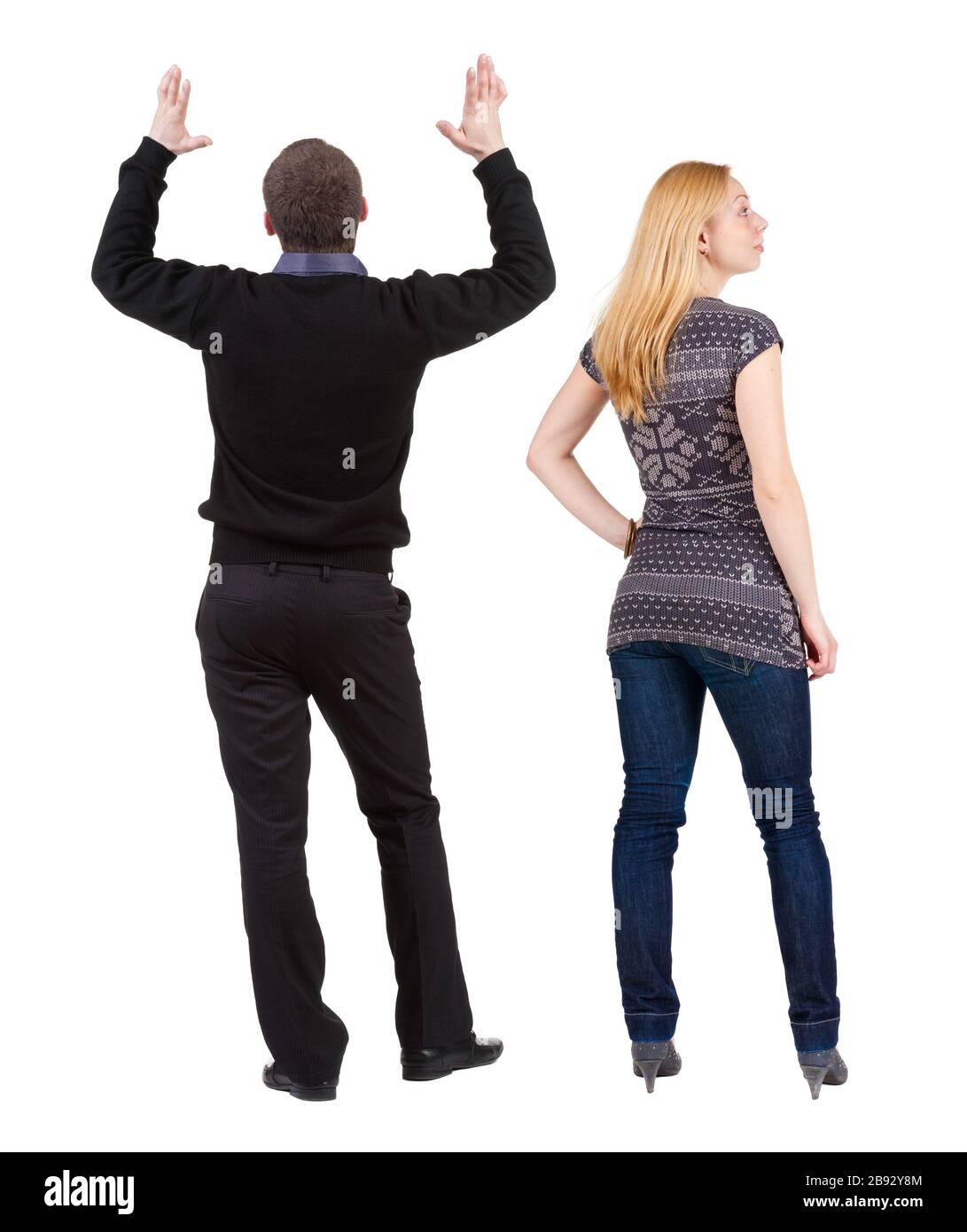 Back view couple in sweater. beautiful man and woman. Rear view people ...