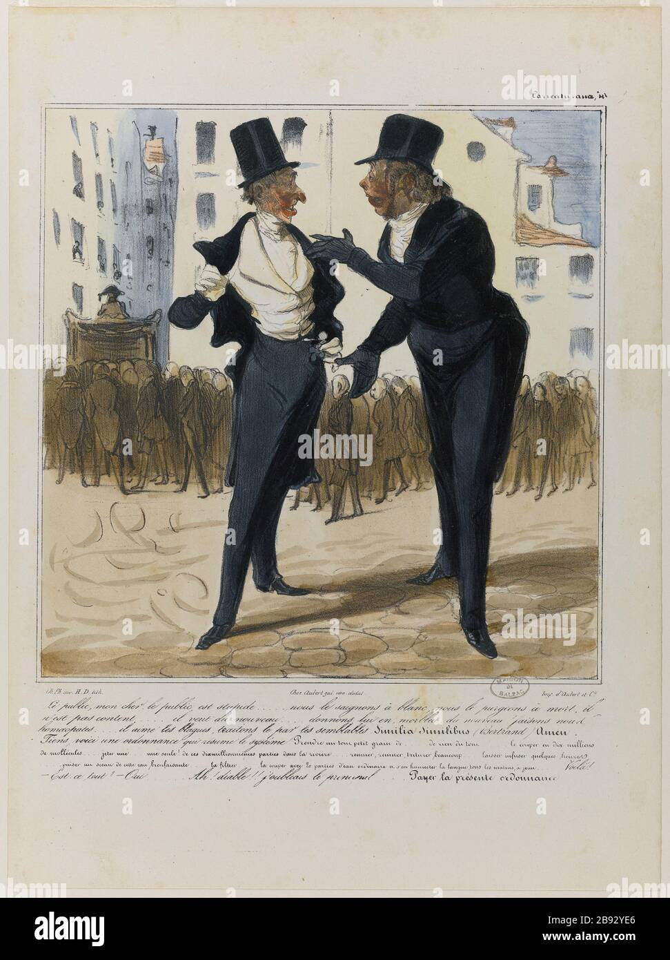 THE PUBLIC, MY DEAR, THE PUBLIC IS STUPID .. Honoré Daumier (1808-1879). 'Le public, mon cher, le public est stupide...'. Lithographie coloriée et gommée. 1836-1838. Paris, Maison de Balzac. Stock Photo