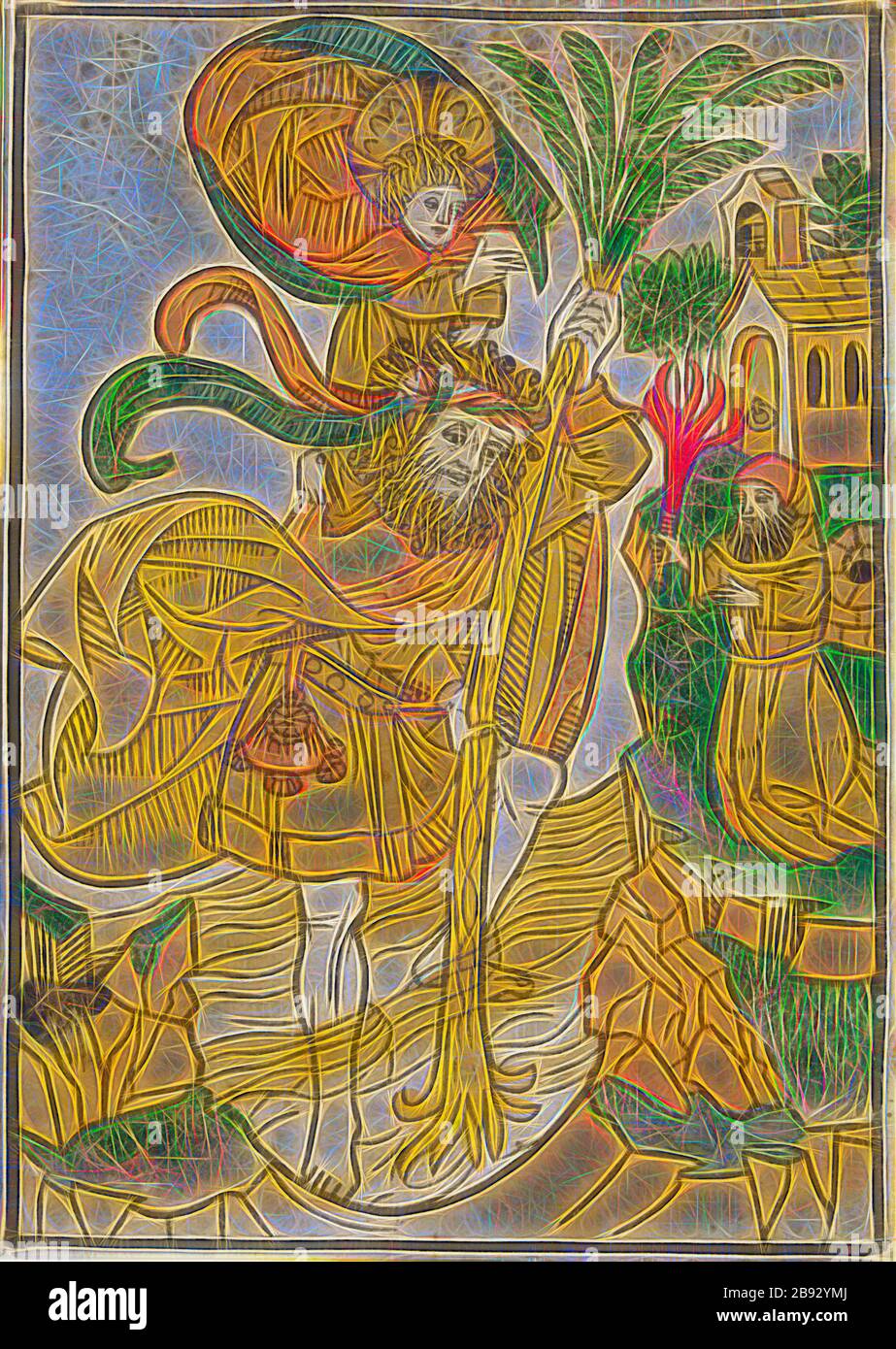 St. Christopher, c. 1480, woodcut, colored (unique), unique, folia: 19 x 13.6 cm, Anonym, Oberrhein, 15. Jh., Reimagined by Gibon, design of warm cheerful glowing of brightness and light rays radiance. Classic art reinvented with a modern twist. Photography inspired by futurism, embracing dynamic energy of modern technology, movement, speed and revolutionize culture. Stock Photo