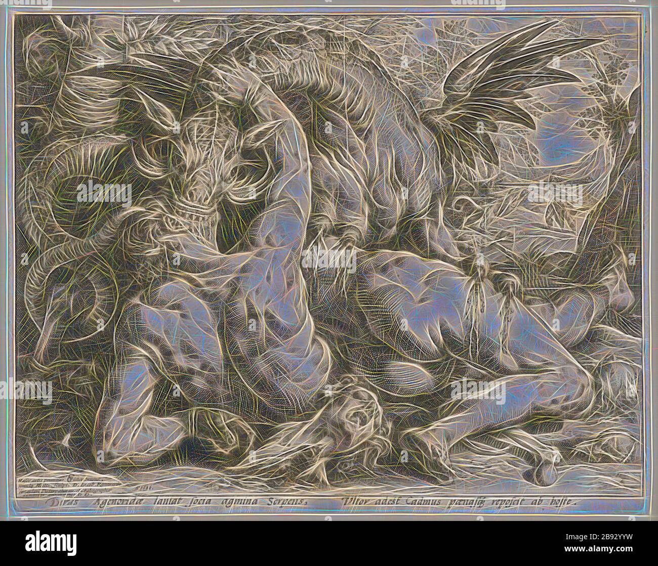 The Dragon Kills the Cadmus's Companions, 1588, Copperplate, Plate: 25.4 x 32.1 cm |, Leaf: 25.8 x 32.5 cm, U. l., inscribed: Hasce artis primitias CC [lig.] Pictor Inuent., simulq [ue] HGoltz., [HG lig.] Sculpt., D. Jacob., Raeuwerdo, singulari Pictur [a] e alumno, et chalcographiæ, admiratori amicitæ ergo D. D ., r., Dated: A ° 1588, inscribed under the image field: Dirus Agenoridæ laniat socia agmina serpens, Vltor adest cadmus pœnasq [ue] reposcit ab hoste., Hendrick Goltzius, Stecher, Mühlbrecht 1558–1617 Haarlem, Cornelis Cornelisz. van Haarlem, Inventor, 1562–1638, Reimagined by Gibon, Stock Photo