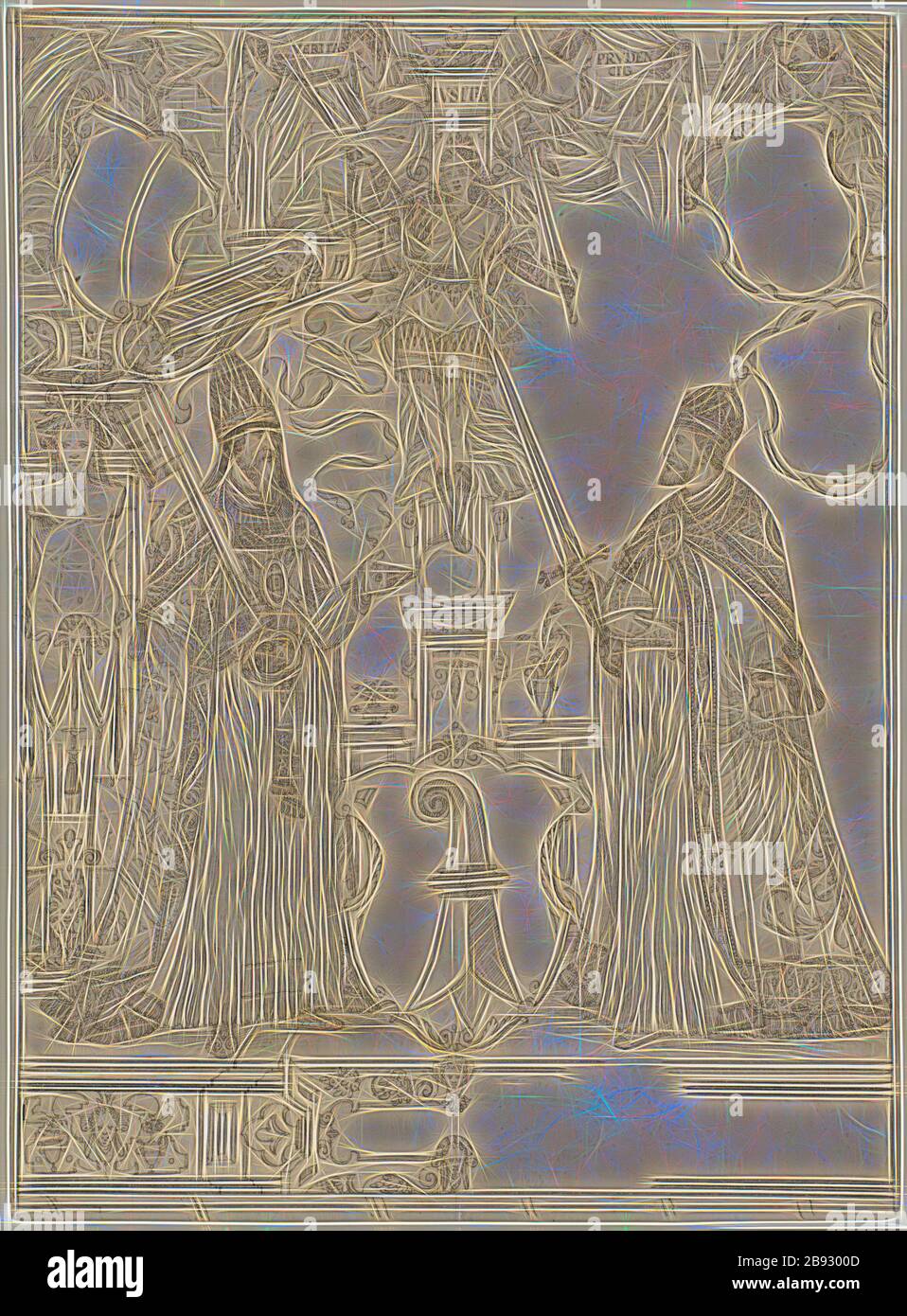 Disc rupture with Pope Clement VII and Emperor Charles V as shield attendants and the Basel coat of arms (for the law faculty of the University of Basel), feather in black, traces of a preliminary drawing with black pencil, page: 43.3 x 31.8 cm |, Image: 42.7 x 31.3 cm, O. inscribed in the illustration: VERITAS, IVSITIA [sic], PRUDEN, CIG, Ludwig Ringler, Basel 1536–1606 Basel, Reimagined by Gibon, design of warm cheerful glowing of brightness and light rays radiance. Classic art reinvented with a modern twist. Photography inspired by futurism, embracing dynamic energy of modern technology, mo Stock Photo