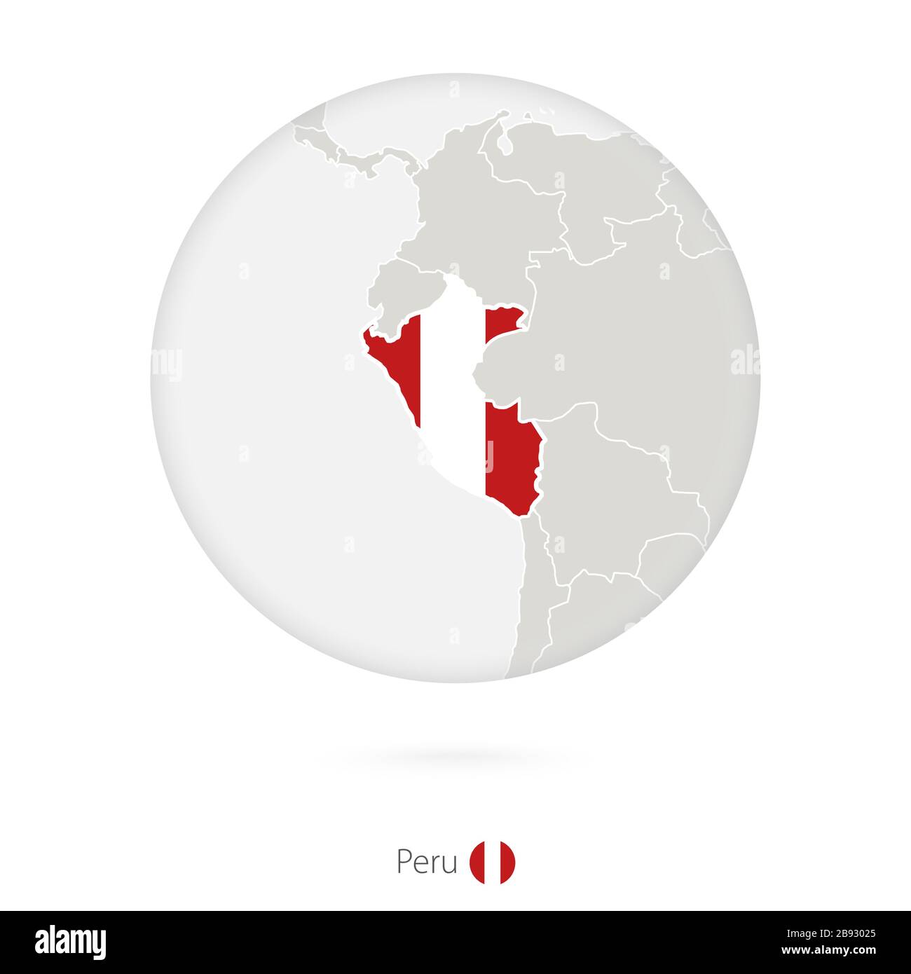 Map of Peru and national flag in a circle. Peru map contour with flag. Vector Illustration. Stock Vector