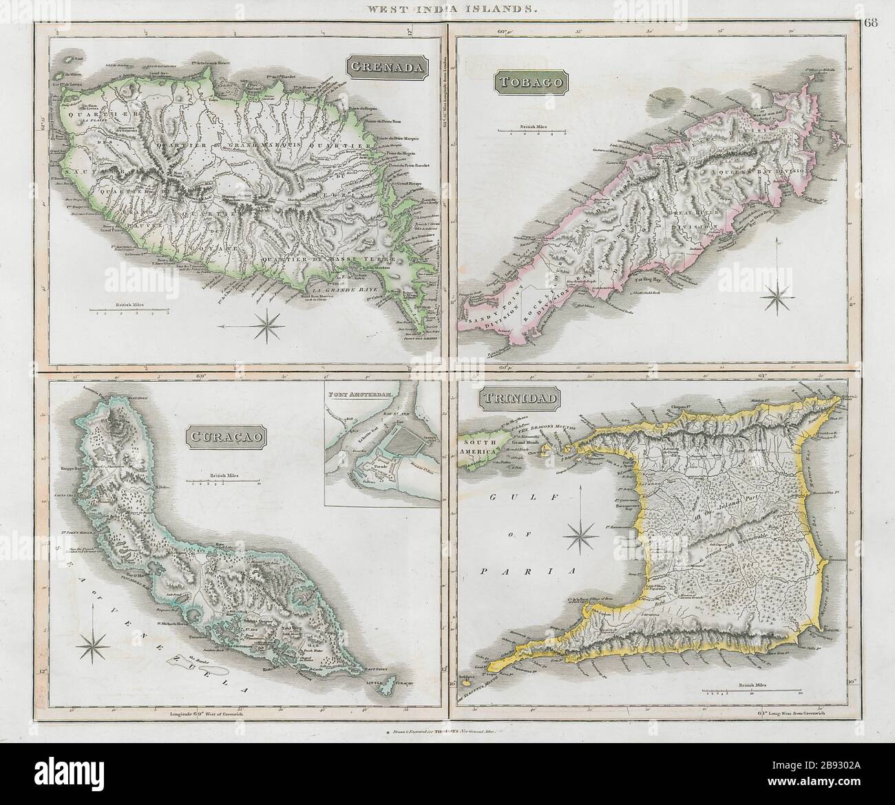 Grenada, Tobago, Trinidad & Curaçao. West Indies Caribbean. THOMSON 1830 map  Stock Photo - Alamy