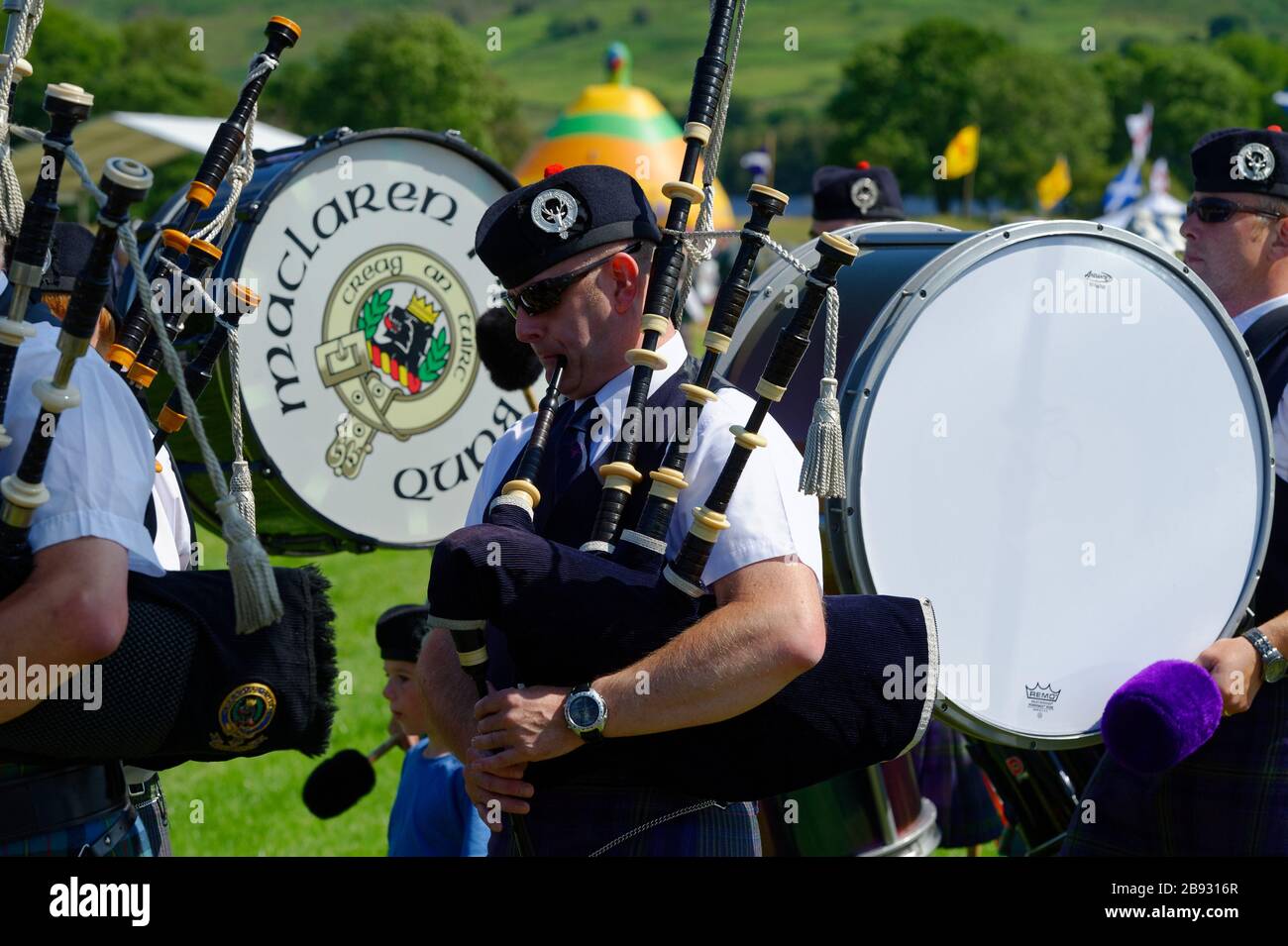 Pipers at the highland games of Lochearnhead, near Crieff, Scotland. Stock Photo