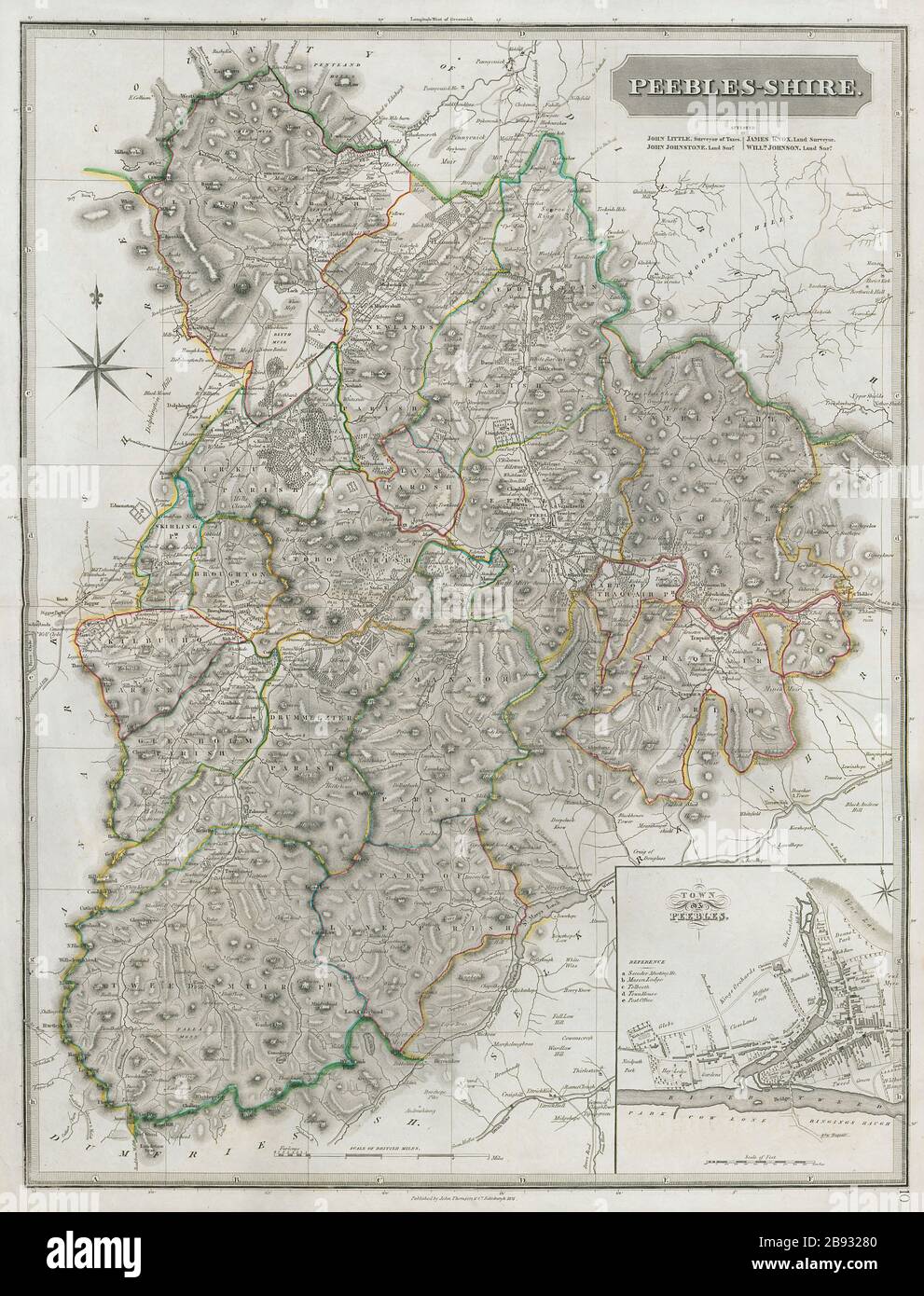 Peebles shire & town plan. Innerleithen West Linton Ettrick. THOMSON 1832 map Stock Photo