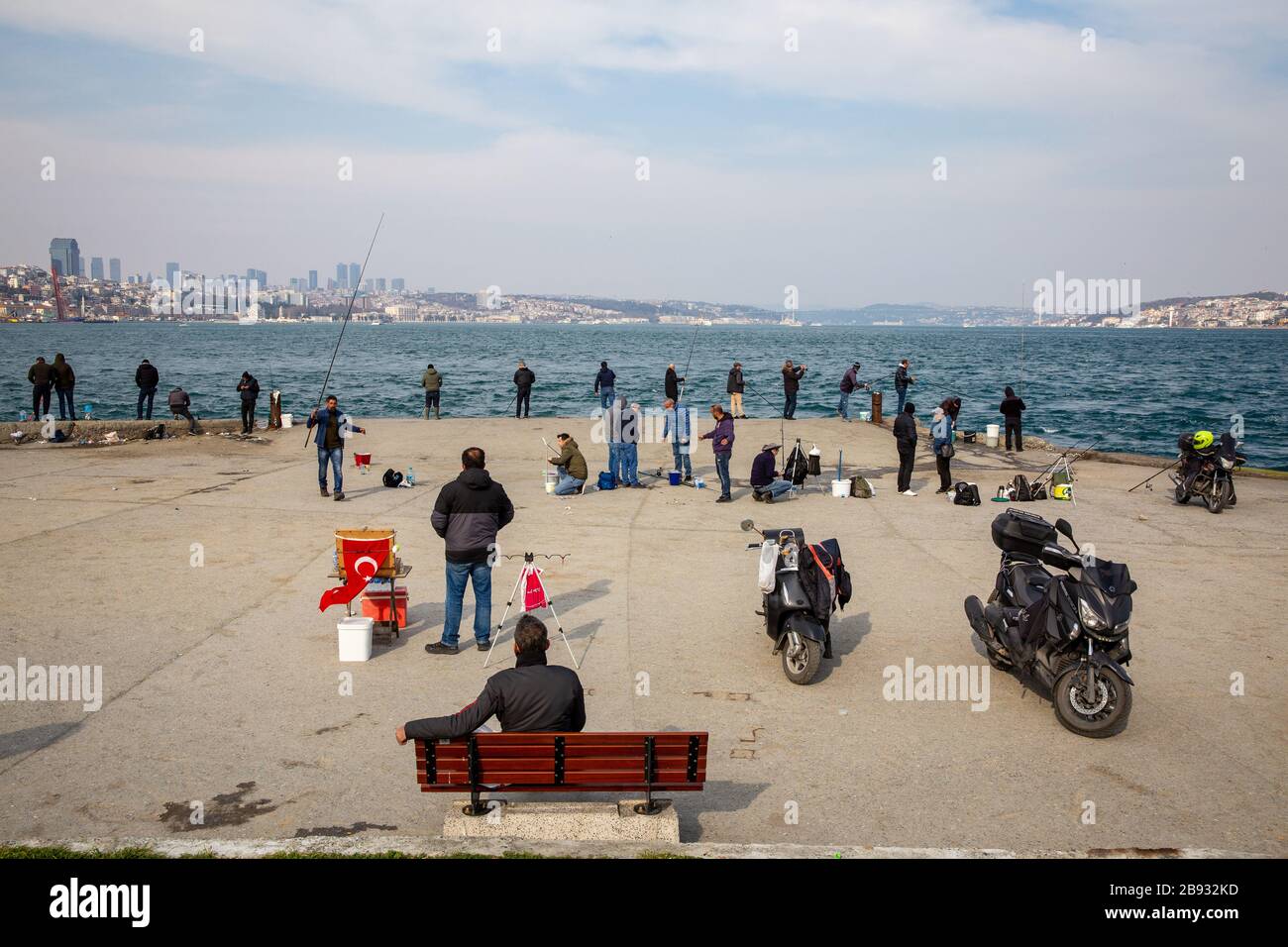 Because of the new type of Coronavirus, which Turkey's government has made increasing calls to stay home. Despite this, people fishing were seen. Stock Photo