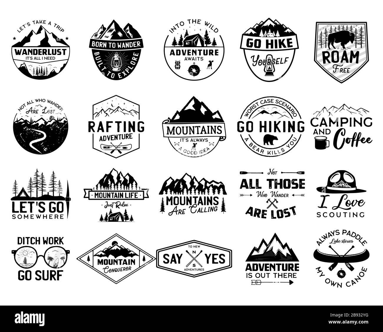 Vintage camp logo bundle, mountain badges set. Hand drawn labels designs. Travel expedition, canoe, wanderlust and hiking. Outdoor emblems. Logotypes Stock Vector