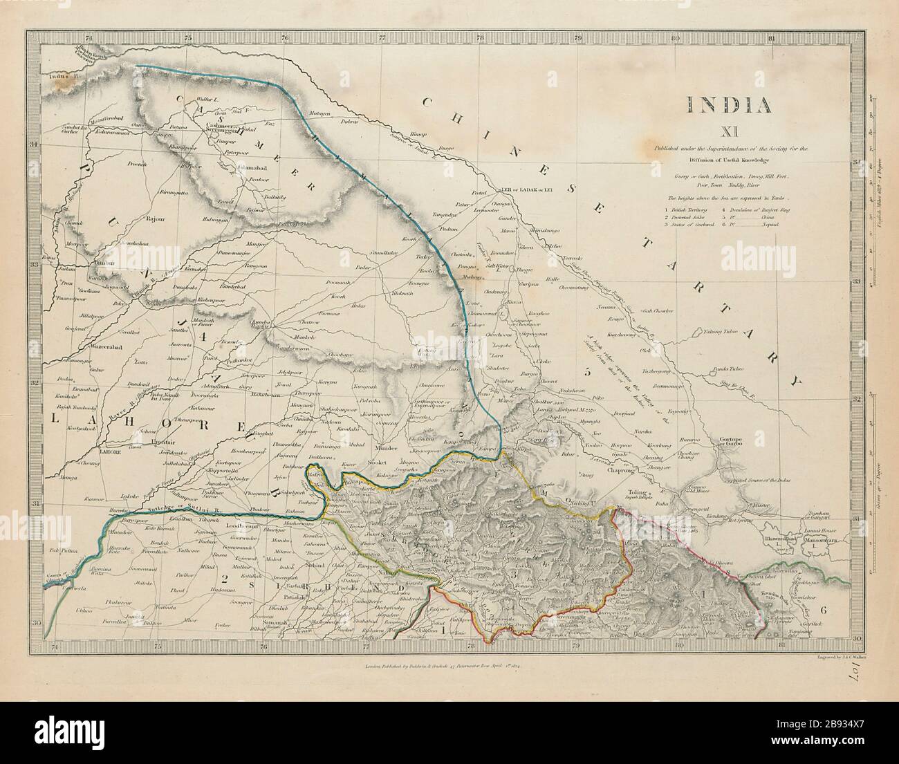 INDIA PAKISTAN Punjab Garhwal Lahore Sirhind China Kashmir SDUK 1844 old map Stock Photo