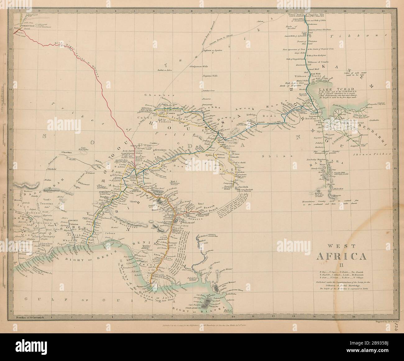 NIGERIA early explorers' routes. Lake Chad. Yariba Houssa Borgou SDUK 1844 map Stock Photo