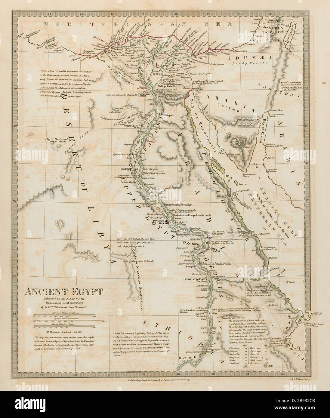 NILE VALLEY & ANCIENT EGYPT. Original outline colour SDUK 1844 old antique map Stock Photo