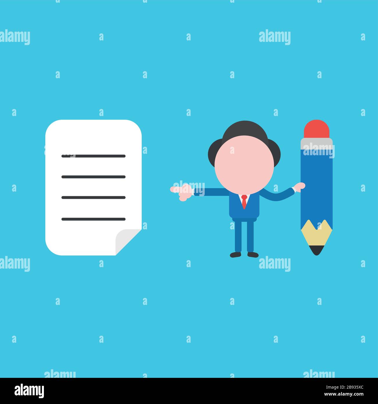 Vector illustration of businessman character holding pencil icon and ...