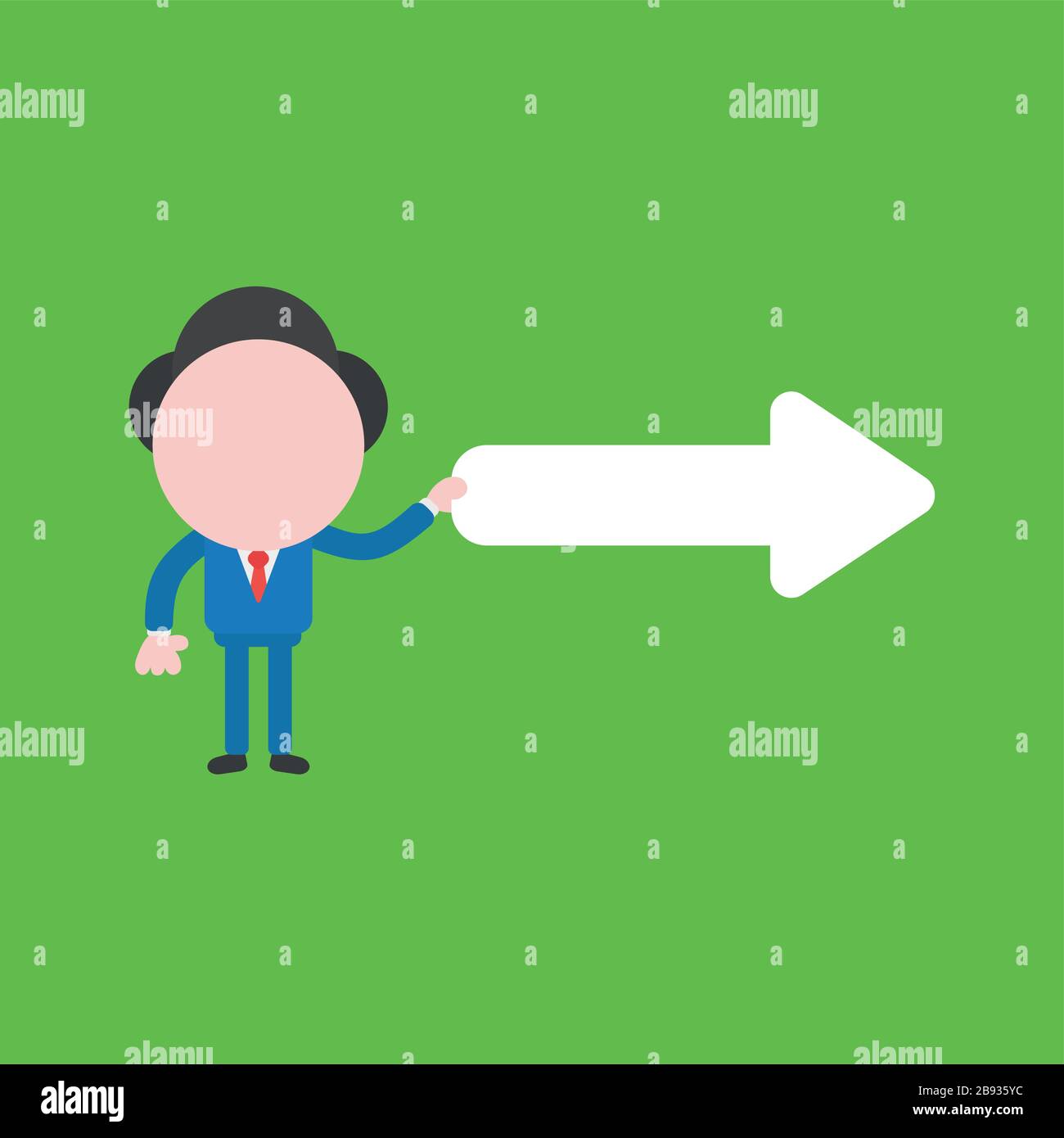 Vector illustration of businessman character holding arrow pointing right. Stock Vector