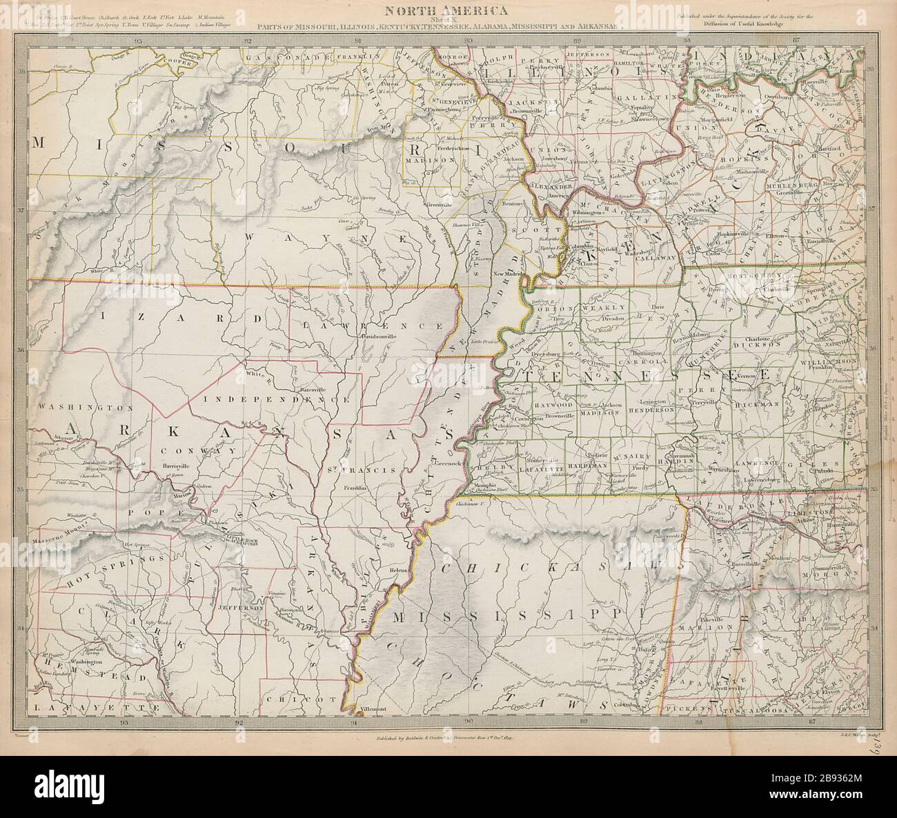 Mississippi basin. Arkansas Missouri. Choctaw Chickasaw boundaries SDUK 1844 map Stock Photo