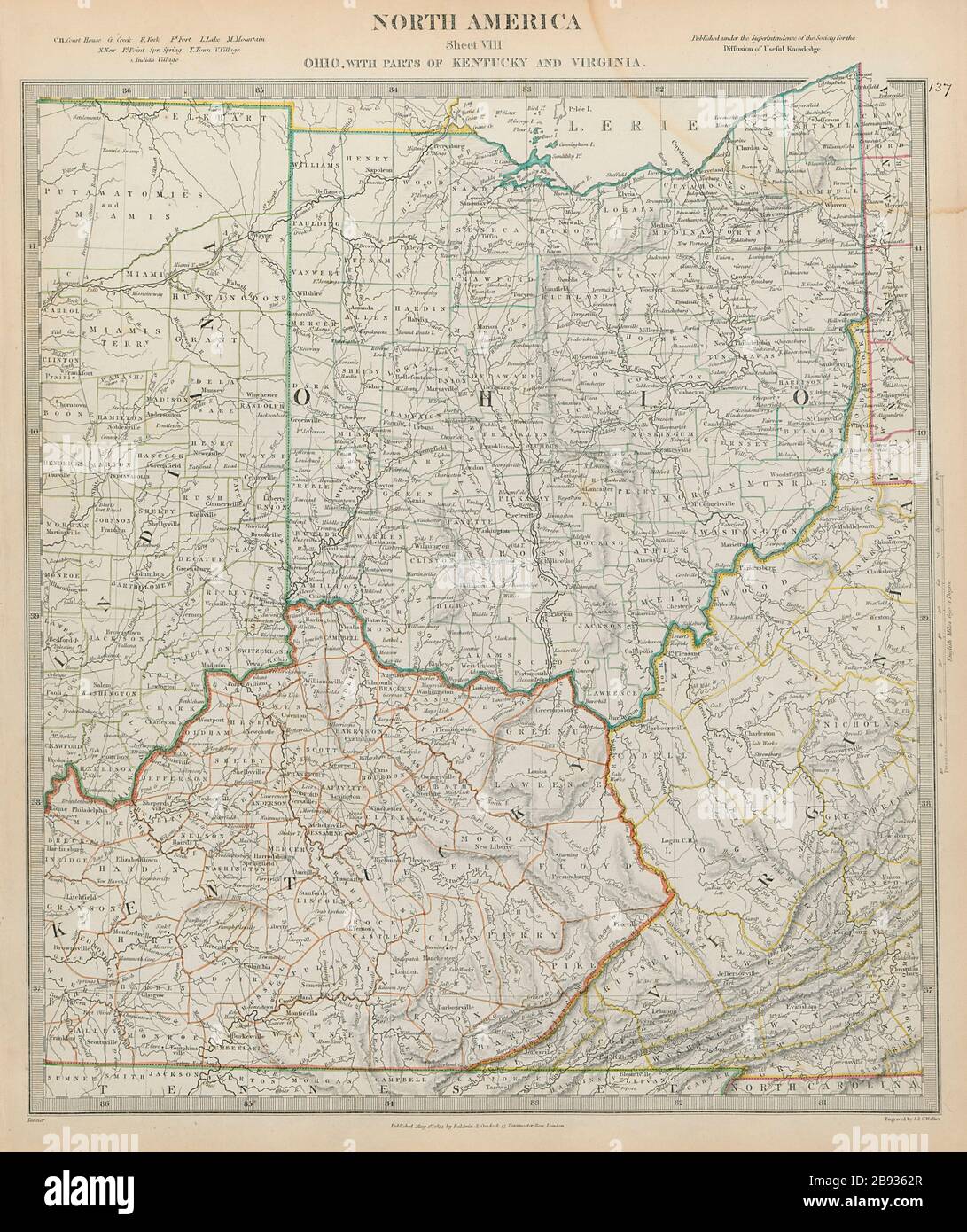 Ohio with parts of Kentucky, Virginia & Indiana. USA. Counties SDUK 1844 map Stock Photo