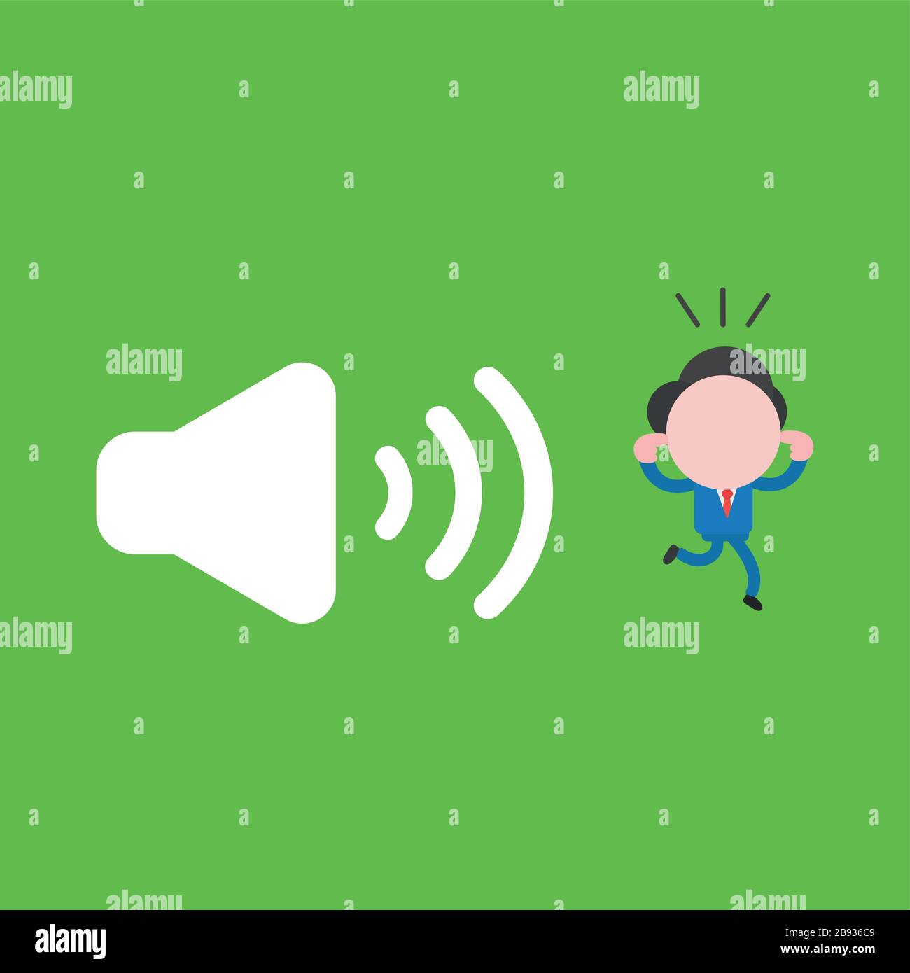 Vector illustration of businessman character close ears with fingers and running away from loud voice speaker sound. Stock Vector