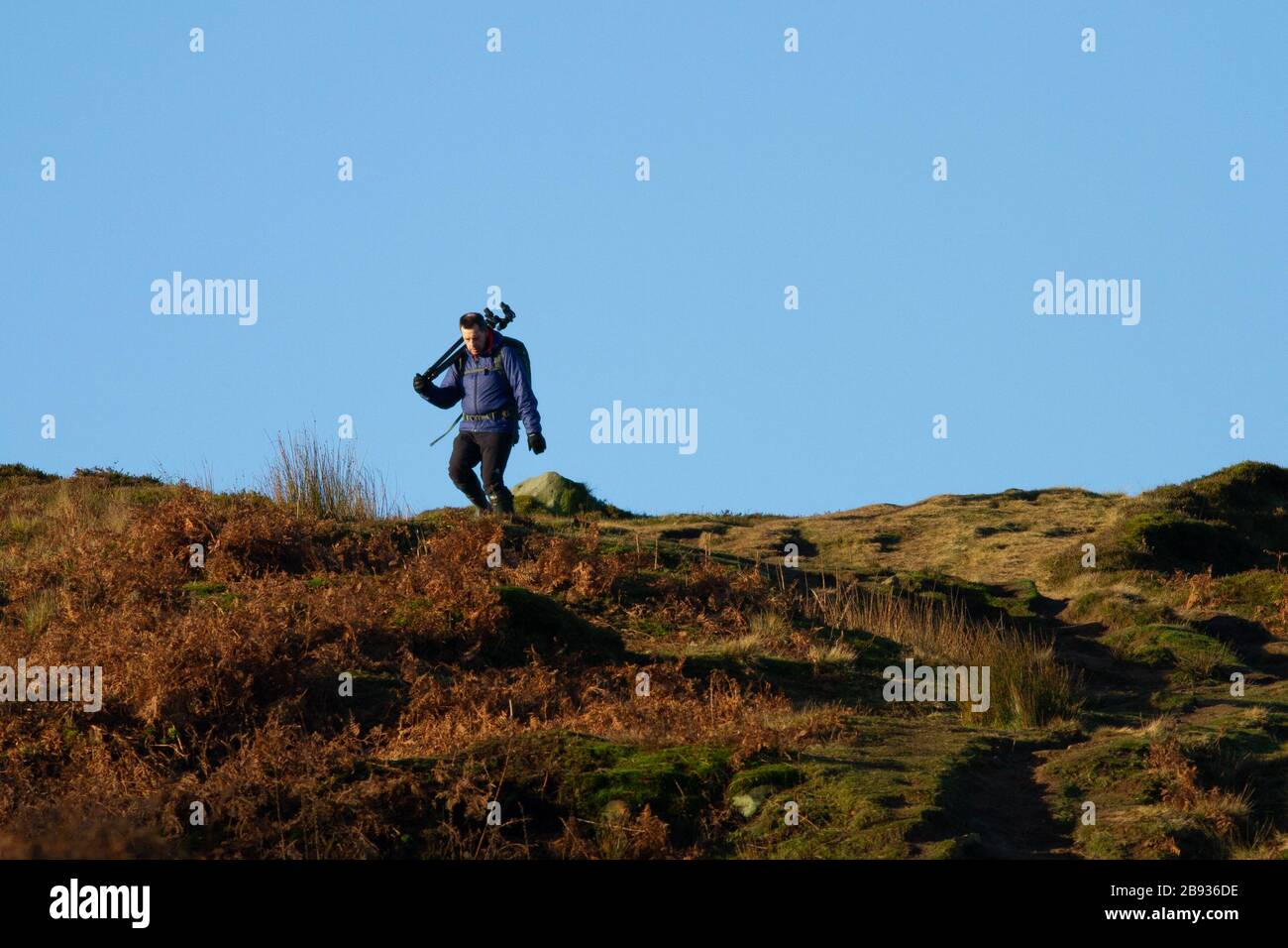 Landscape photographer carrying a tripod over his shoulder, UK Stock Photo