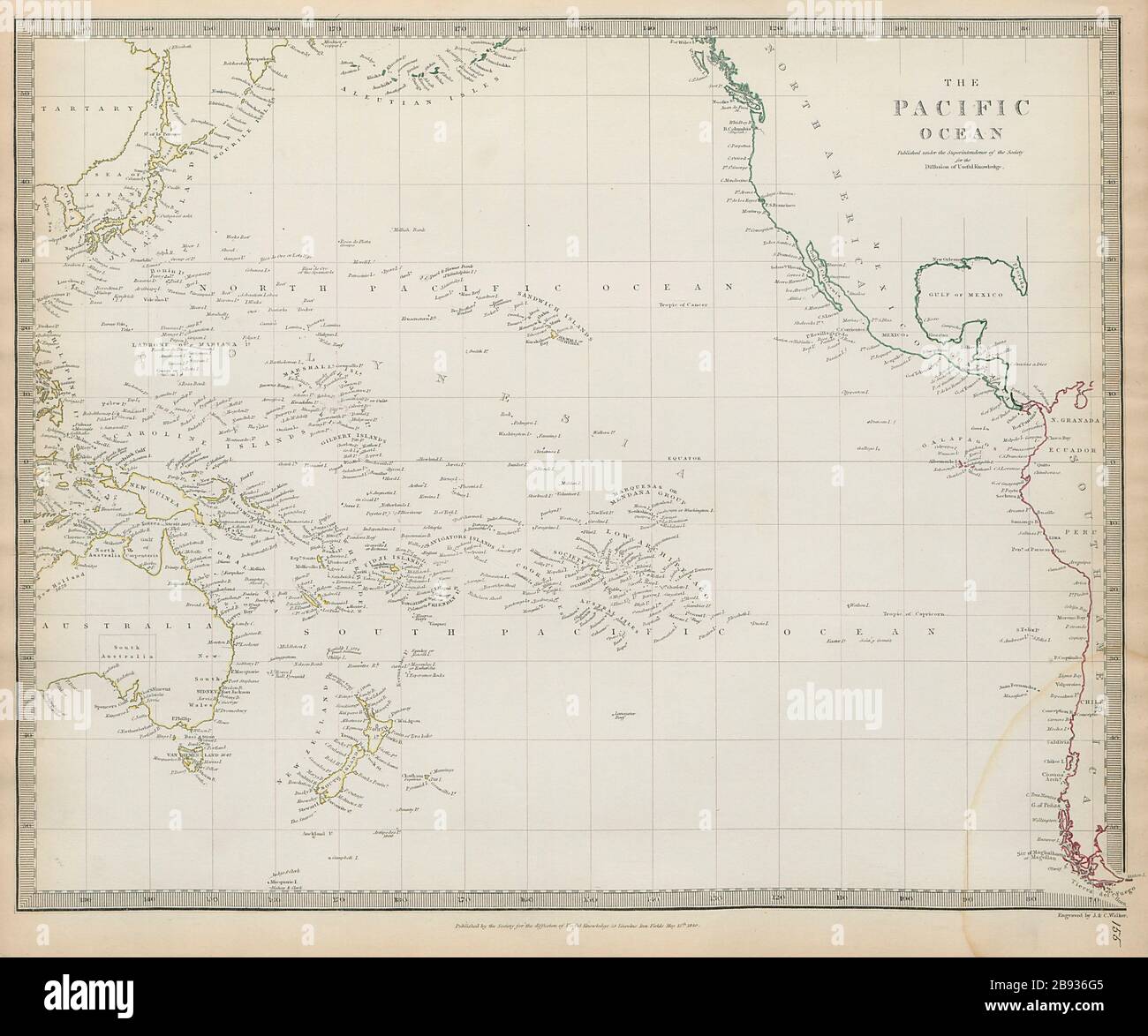 PACIFIC OCEAN Australia Polynesia Oceania Sandwich Islands SDUK 1844 old map Stock Photo