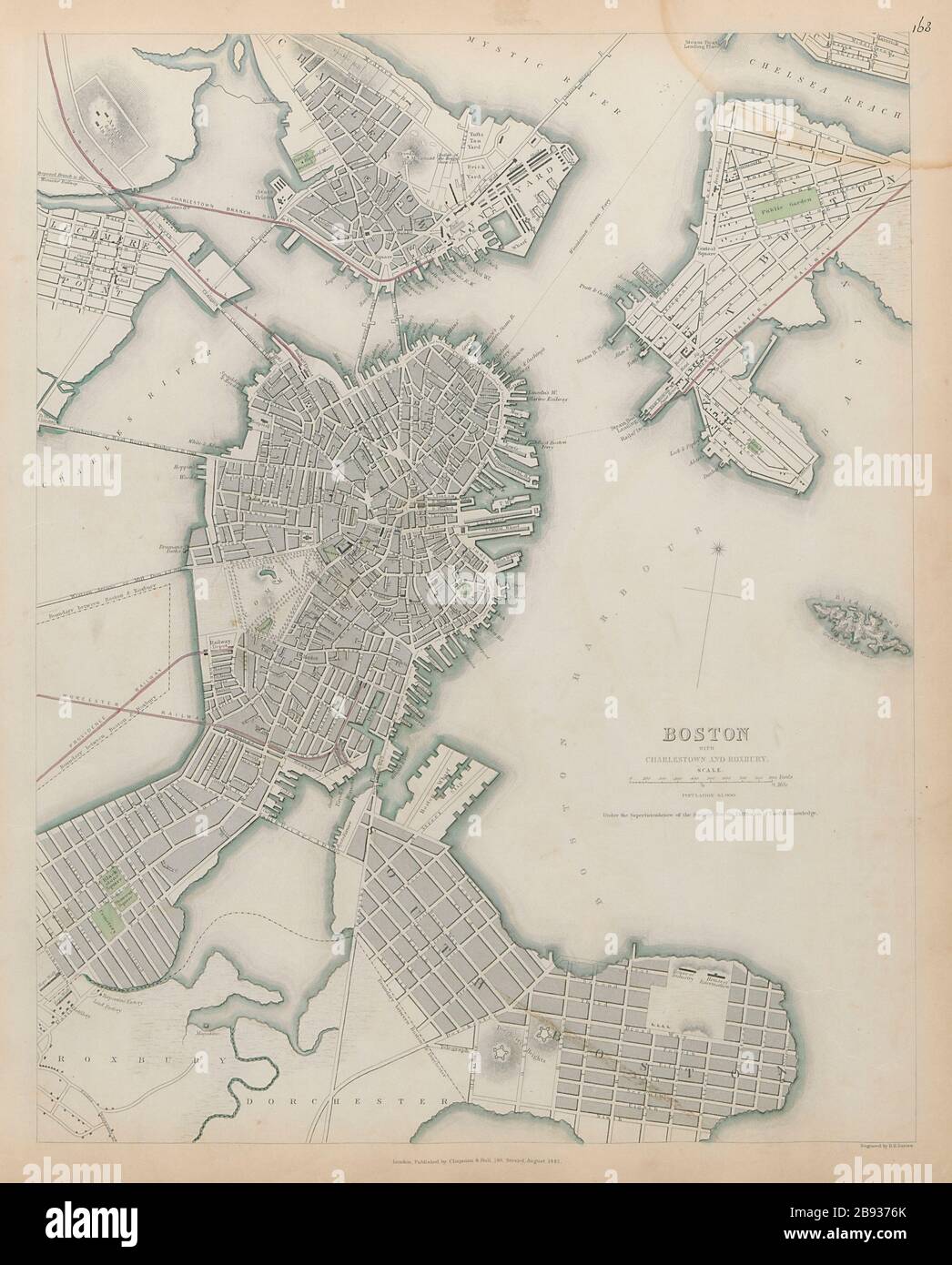 BOSTON WITH CHARLESTOWN AND ROXBURY Antique city town map plan SDUK 1844 Stock Photo