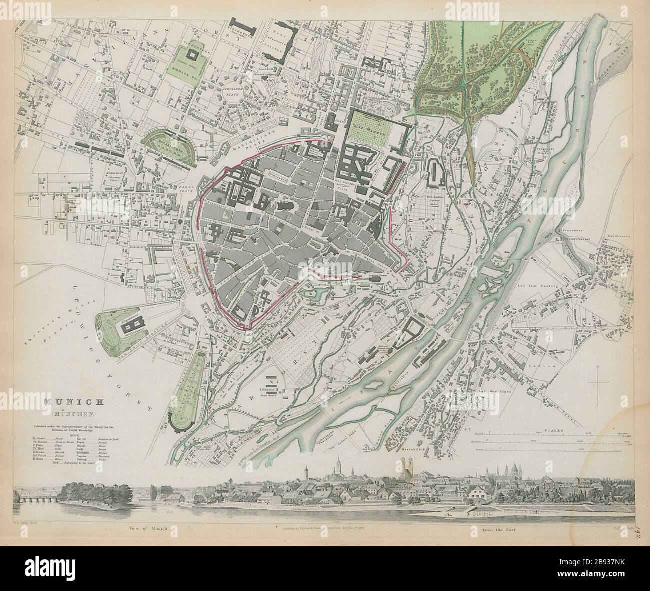MUNICH MÜNCHEN MUNCHEN Antique city town map plan & panorama SDUK 1844 old  Stock Photo - Alamy