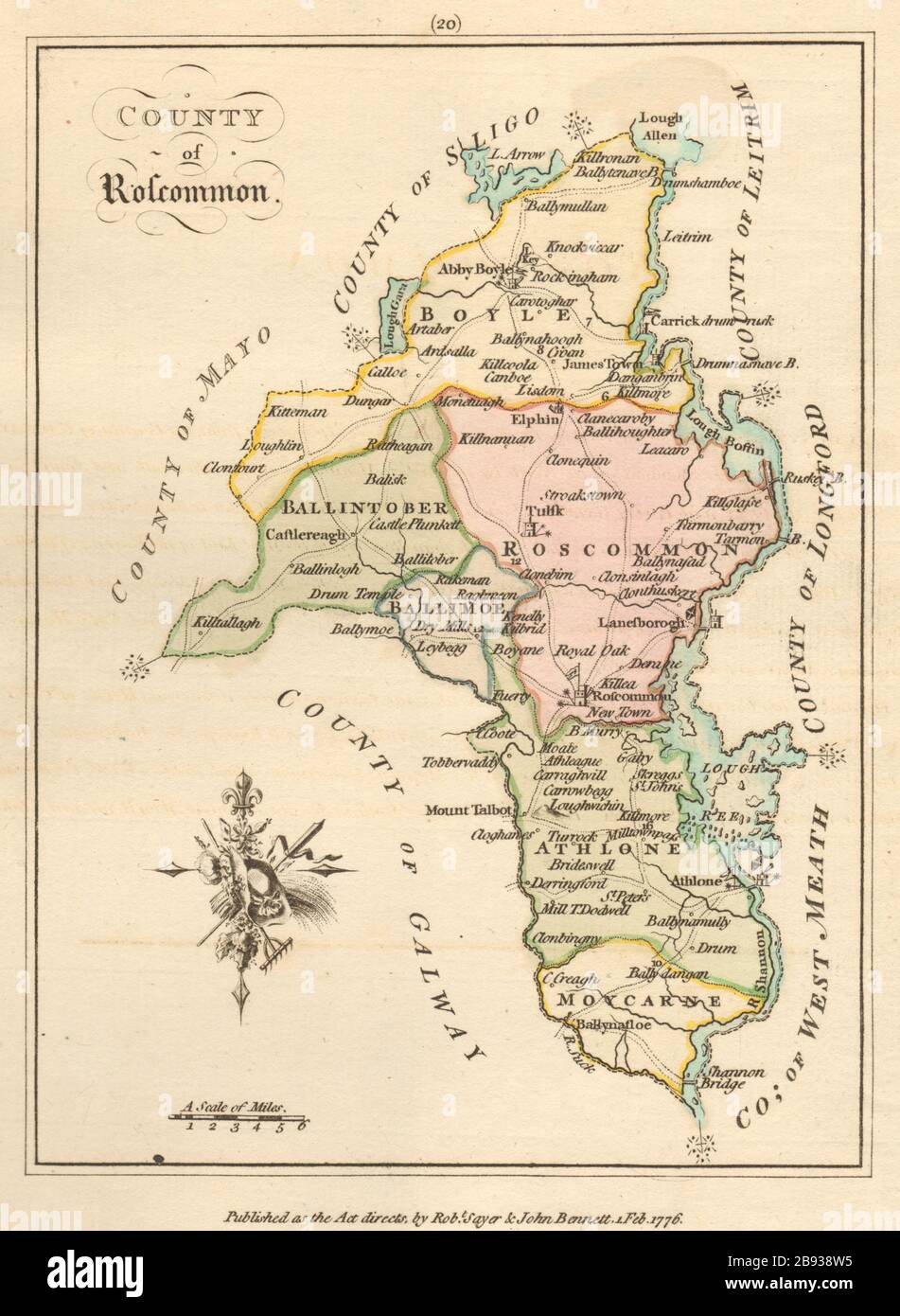 County of Roscommon, Connaught. Antique copperplate map. Scalé / Sayer 1776 Stock Photo