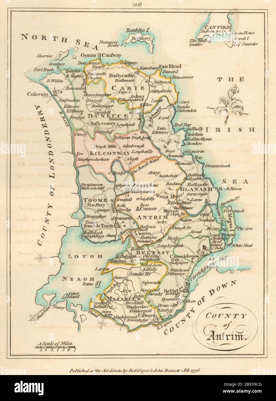 County of Antrim, Ulster. Antique copperplate map by Scalé / Sayer 1776 Stock Photo
